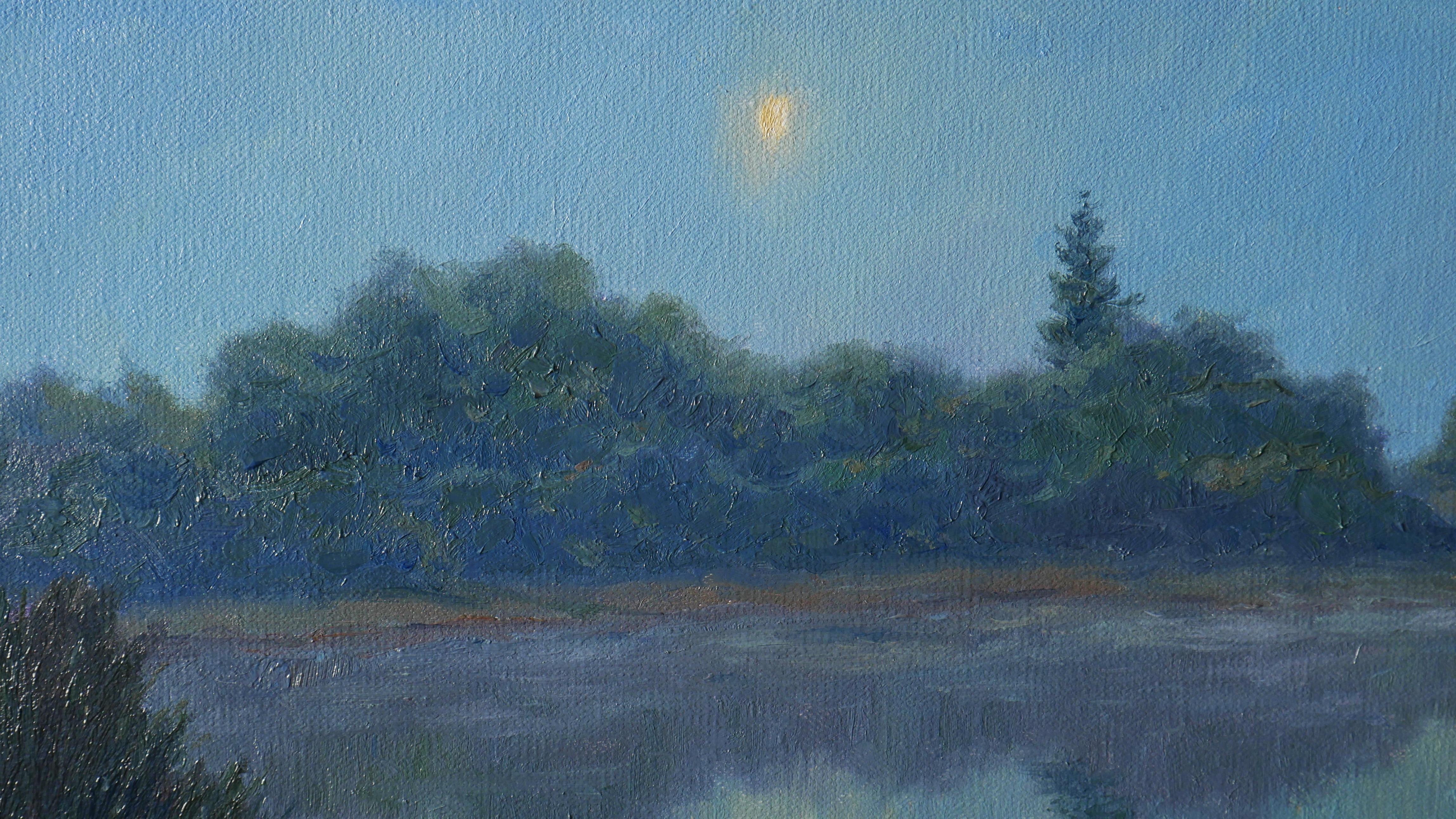 Il quadro serale con la Luna sull'acqua è una straordinaria decorazione murale per qualsiasi interno. L'opera d'arte è piena di colori diversi e difficili. L'artista ha catturato magistralmente il cielo serale, la nebbia e l'incredibile riflesso