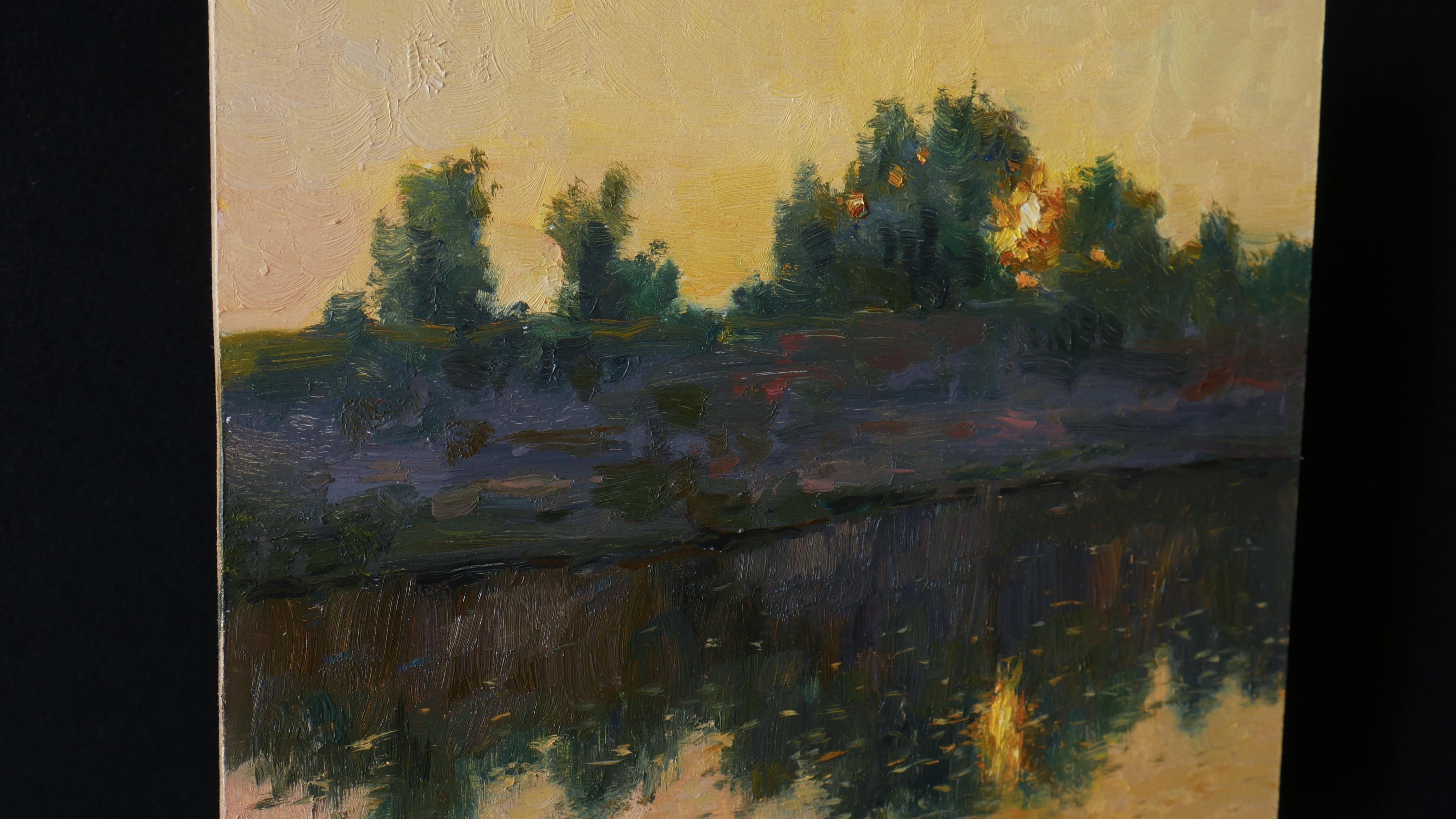 Cálida puesta de sol -  paisaje impresionista, pintura - Landscape Painting Negro de Nikolay Dmitriev