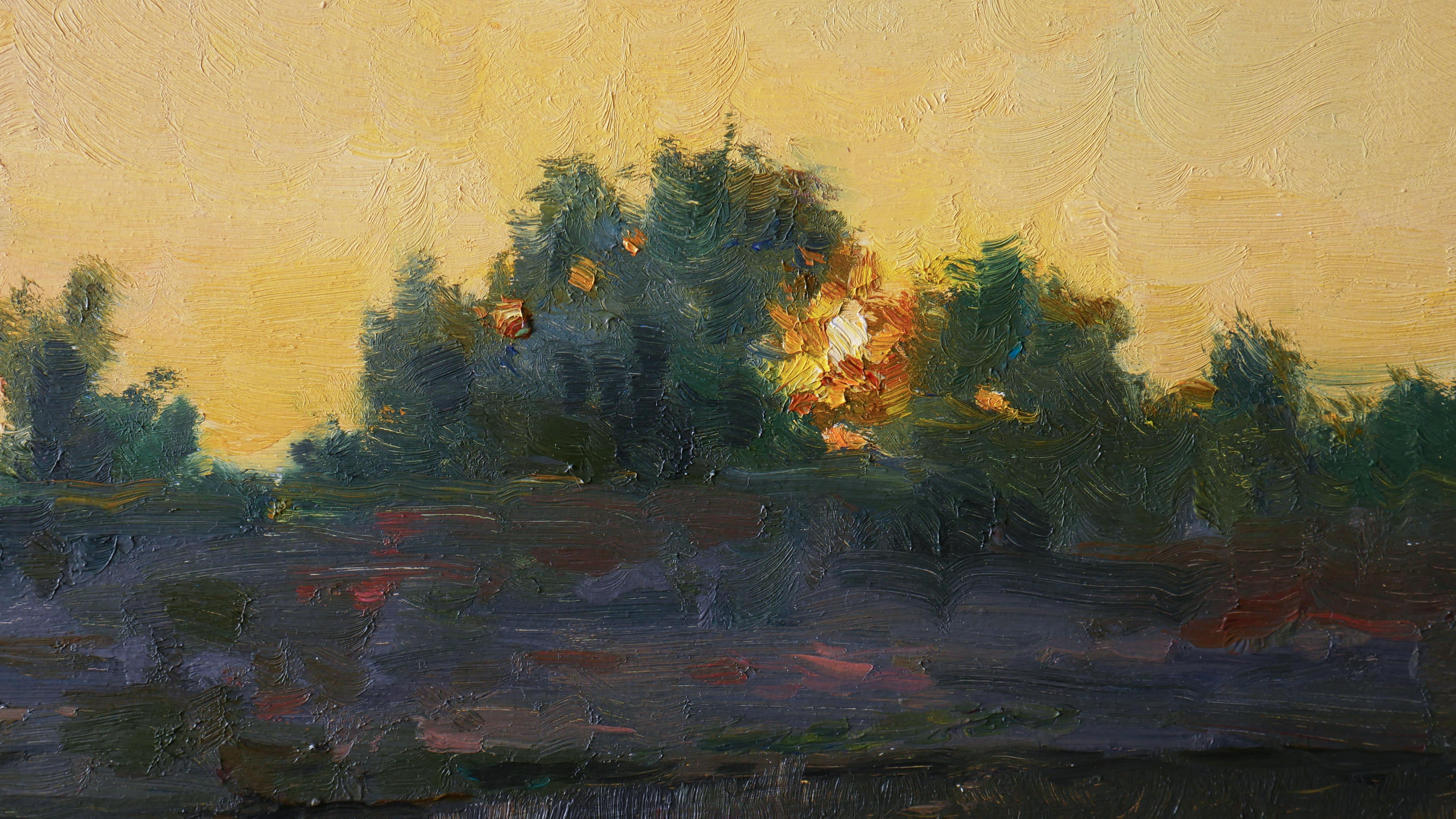 El cuadro con el hermoso cielo del atardecer y un reflejo en el agua está creado en agradables colores cálidos, que quedan muy bien en el interior, dan paz y calma.
El cielo es una de las principales fuentes de inspiración del artista. El reflejo