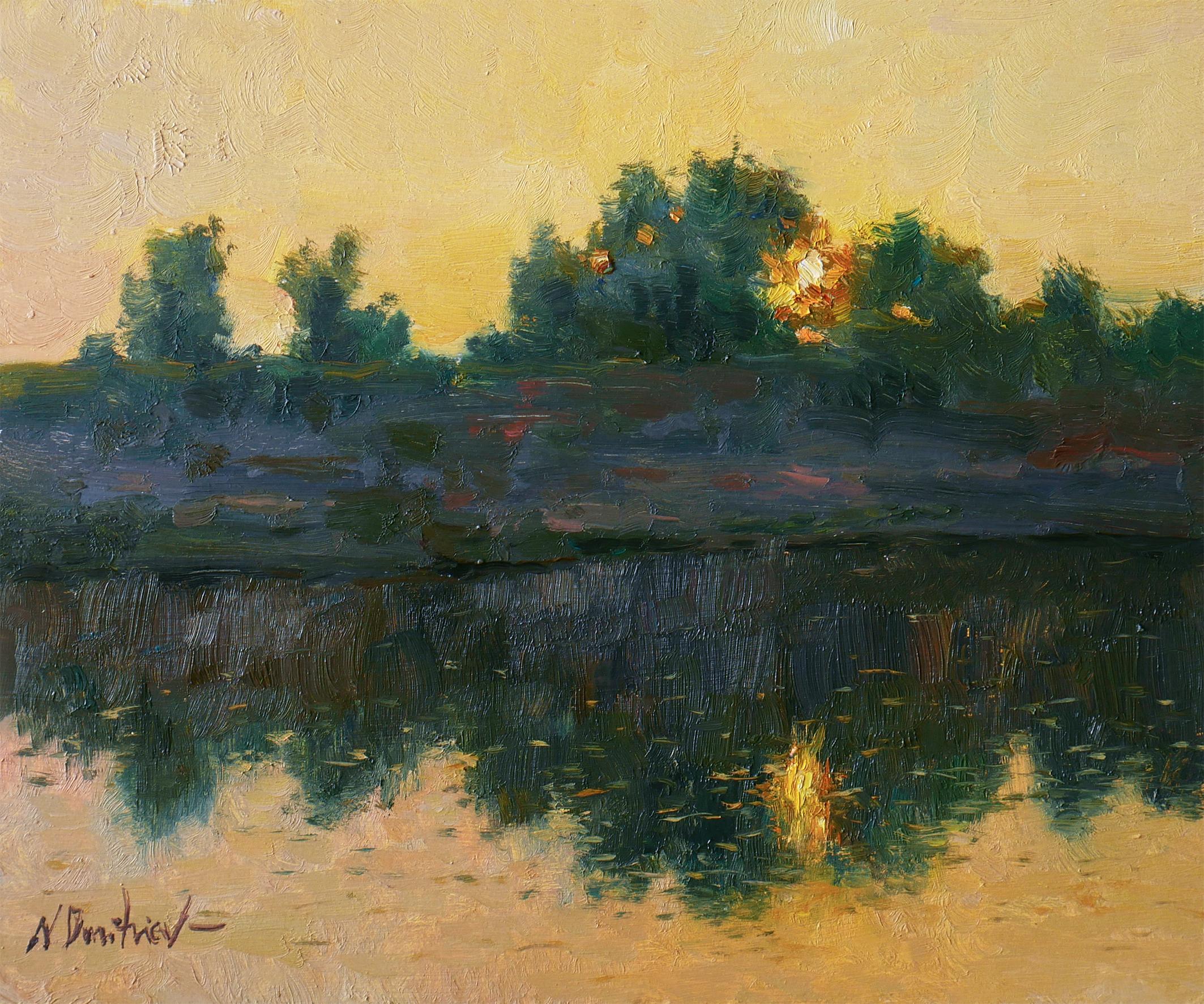 Landscape Painting de Nikolay Dmitriev - Cálida puesta de sol -  paisaje impresionista, pintura