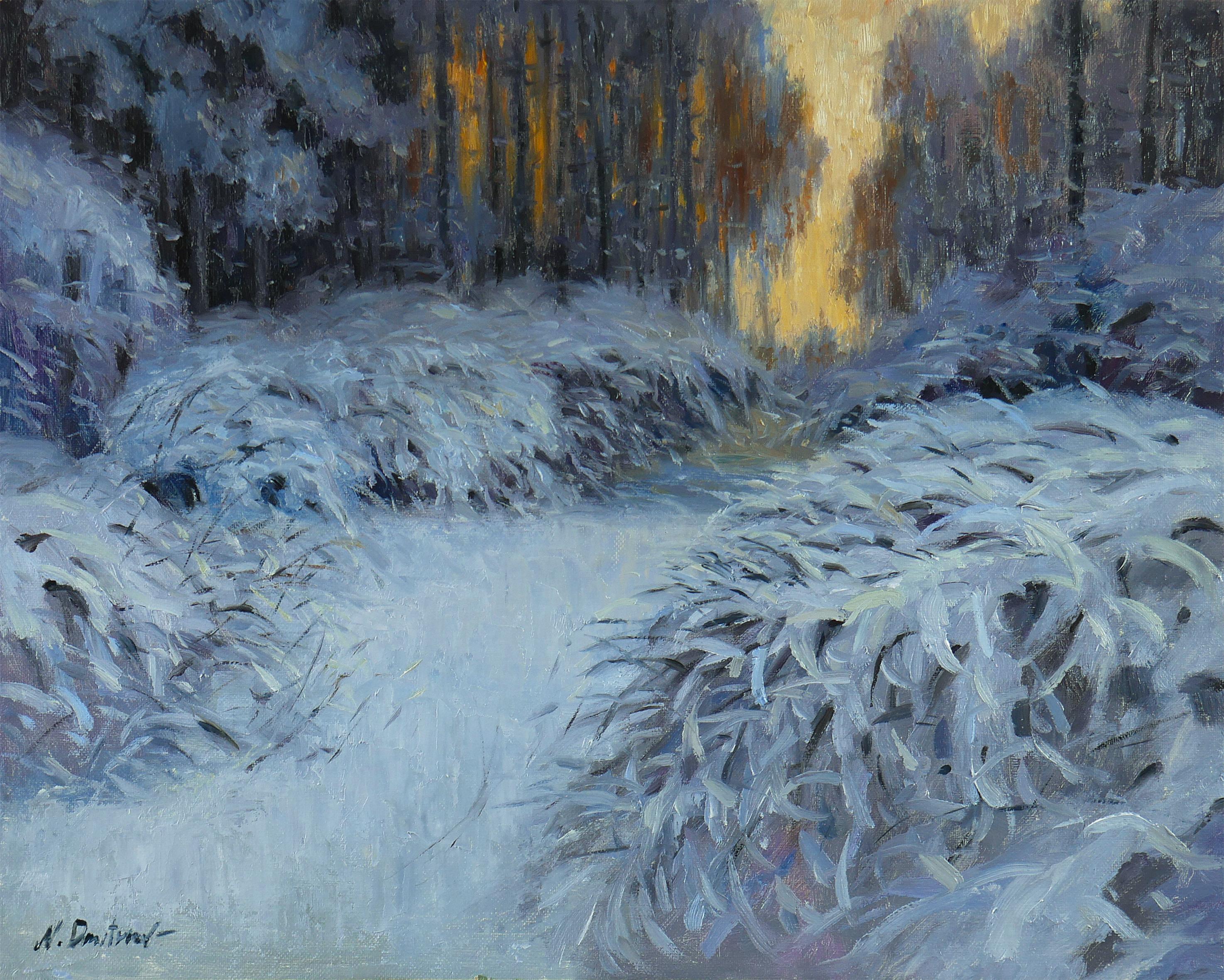 Nikolay Dmitriev Interior Painting – Winterspitze – Original-Wintergemälde