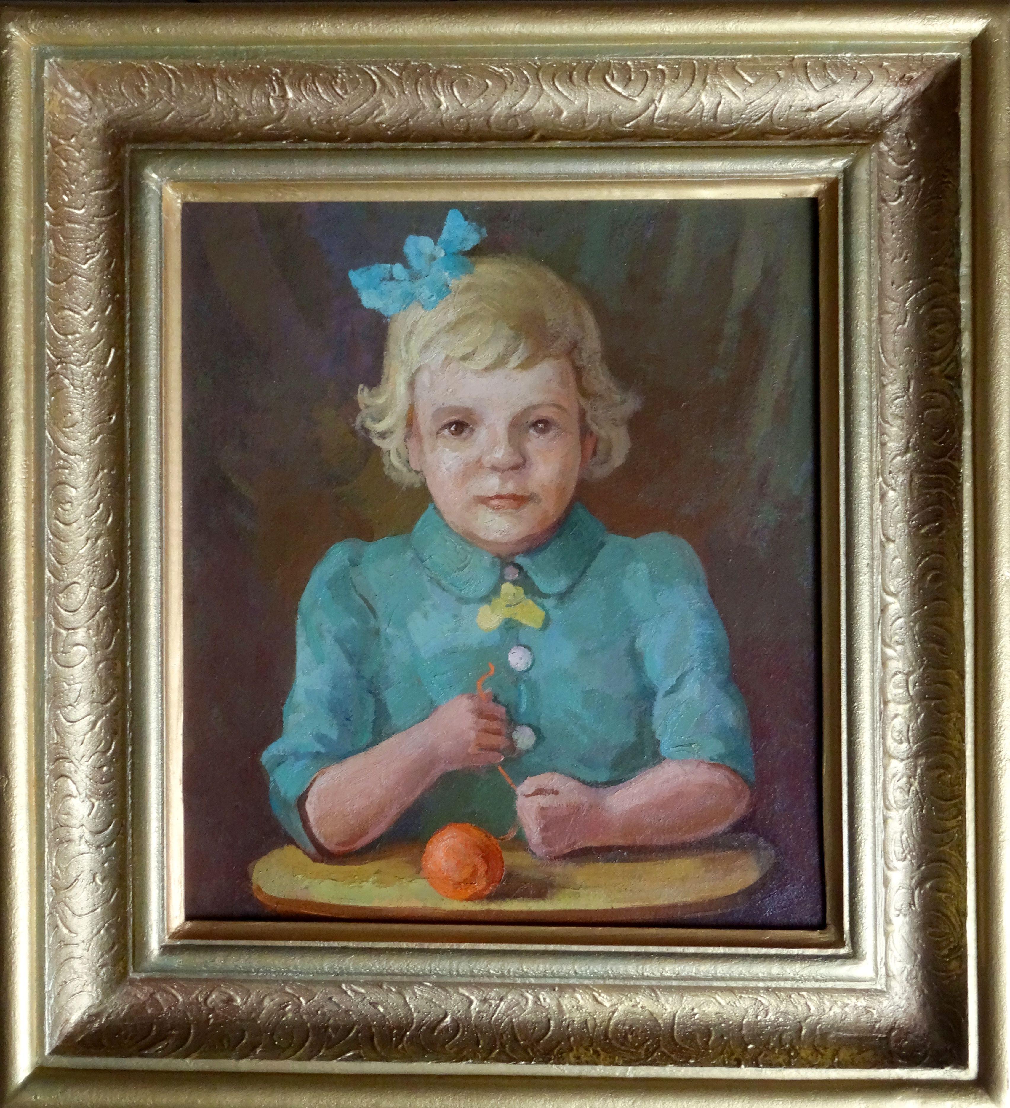 Ritratto di una bambina con un gomitolo di filo. Olio su cartone, 46x40 cm - Painting di Nikolay Kulainis 