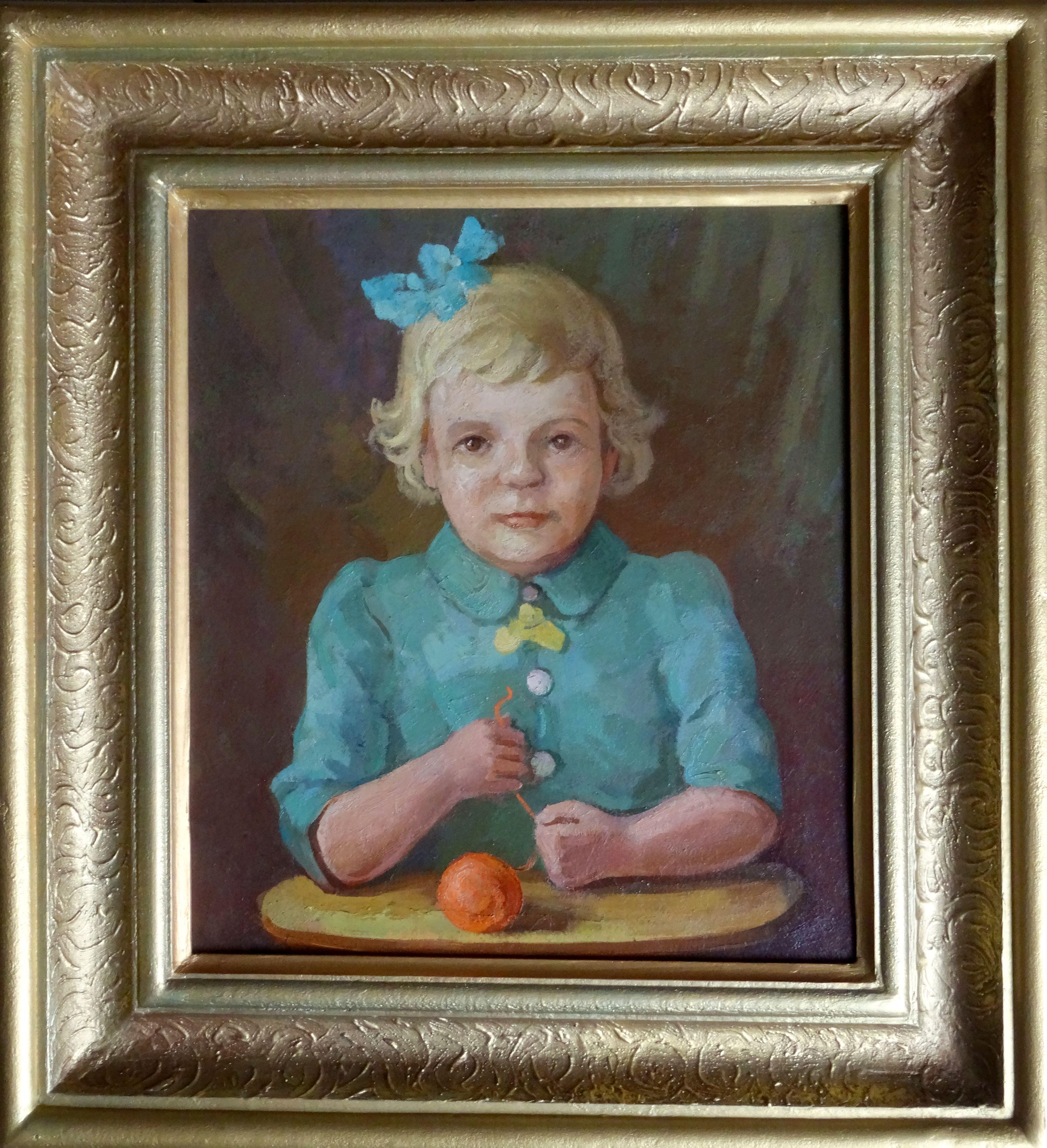 Portrait of a little girl with a ball of thread. Oil on cardboard, 46x40 cm - Painting by Nikolay Kulainis 