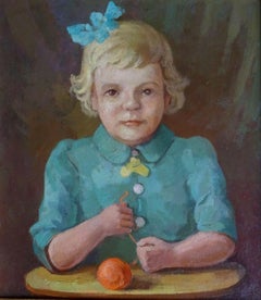 Portrait of a little girl with a ball of thread. Oil on cardboard, 46x40 cm