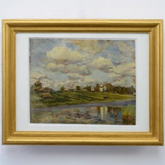 1944 Russian Classical Summer Landscape Oil Study Riverside Church Signed Framed