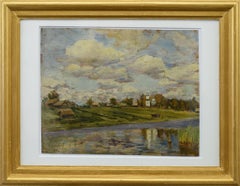 1944 Russian Classical Summer Landscape Oil Study Riverside Church Signed Framed