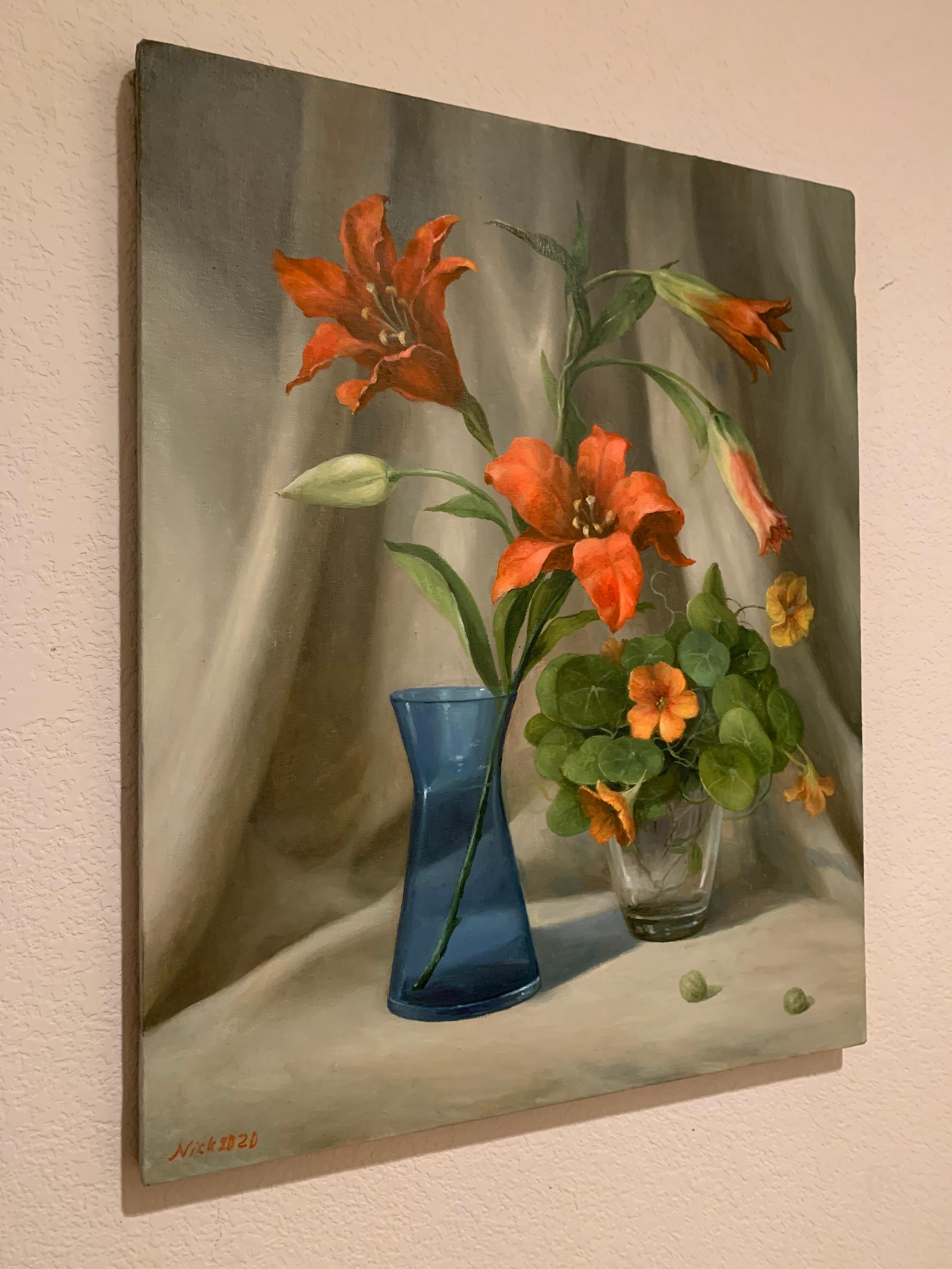 <p>Commenti dell'artista<br />Natura morta classica di gigli rossi e nasturzi. L'artista Nikolay Rizhankov ha posizionato i fiori su un drappo di lino per evidenziare la vitalità dei bouquet freschi. An He osserva che 