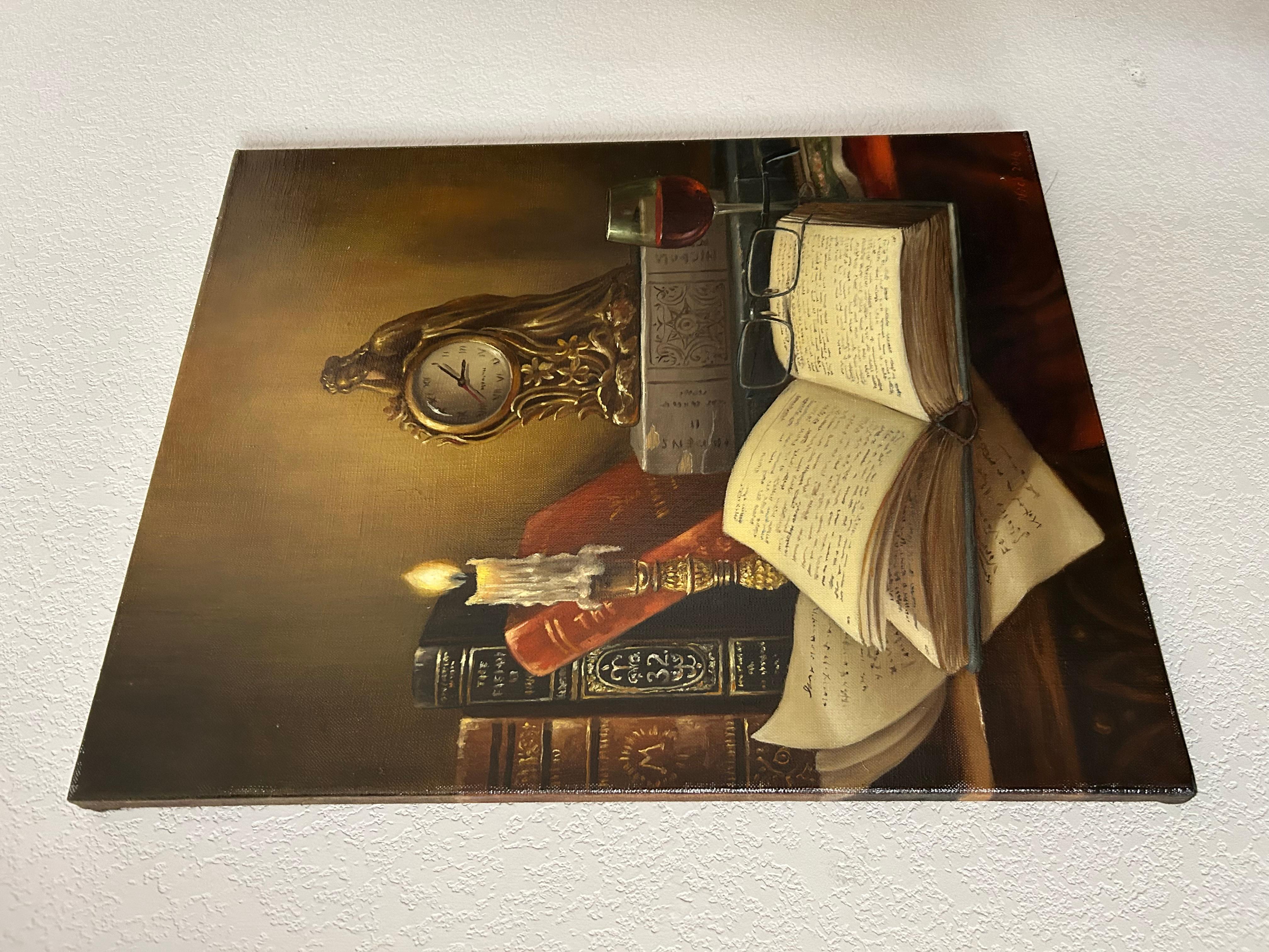 Natura morta con libro, pittura a olio - Painting Contemporaneo di Nikolay Rizhankov