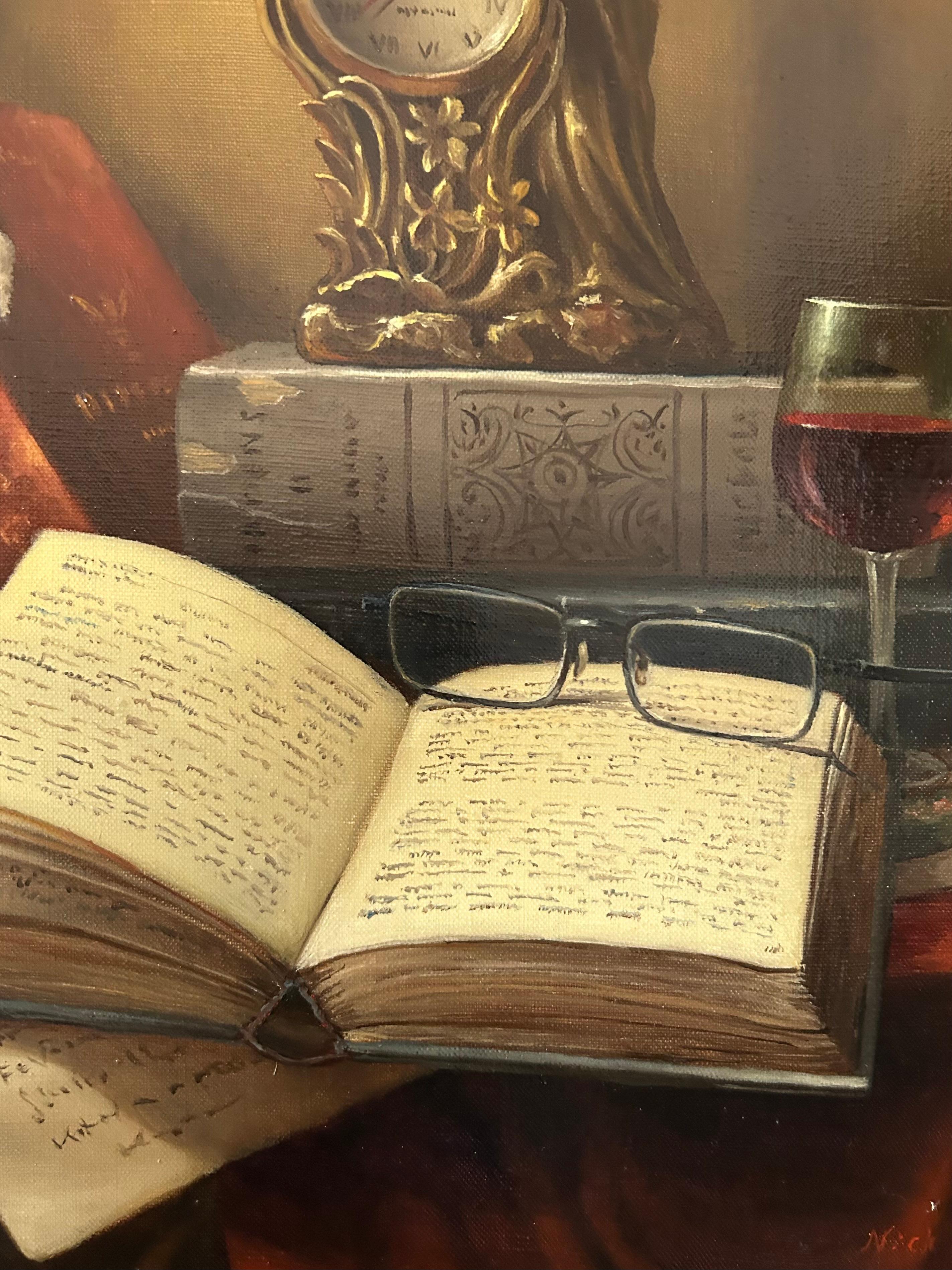 Natura morta con libro, pittura a olio - Still-Life Painting Marrone di Nikolay Rizhankov