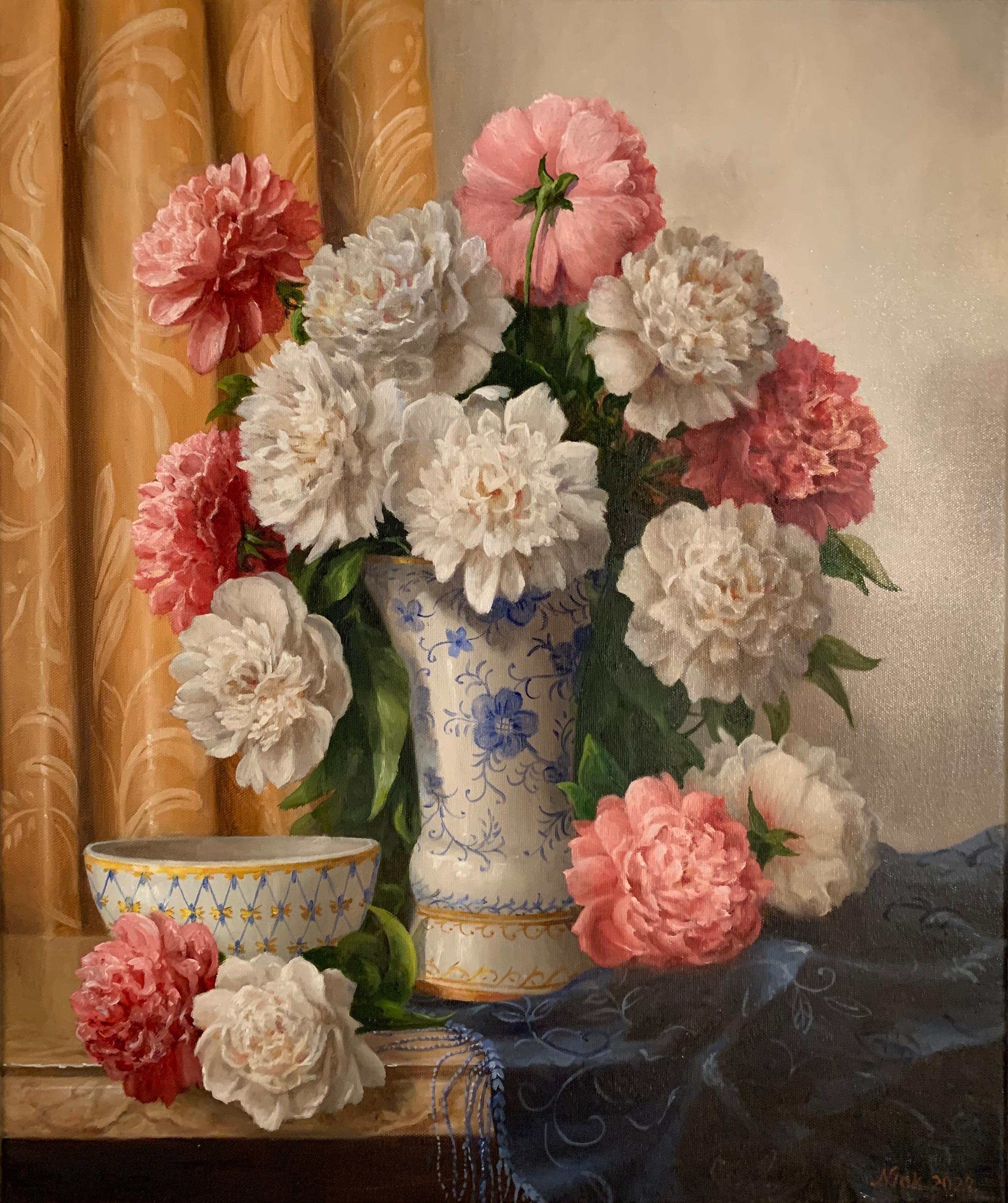 Still Life with Peonies, Oil Painting - Art by Nikolay Rizhankov
