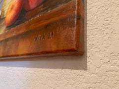 Bodegón con taza roja y manzanas, Pintura al óleo