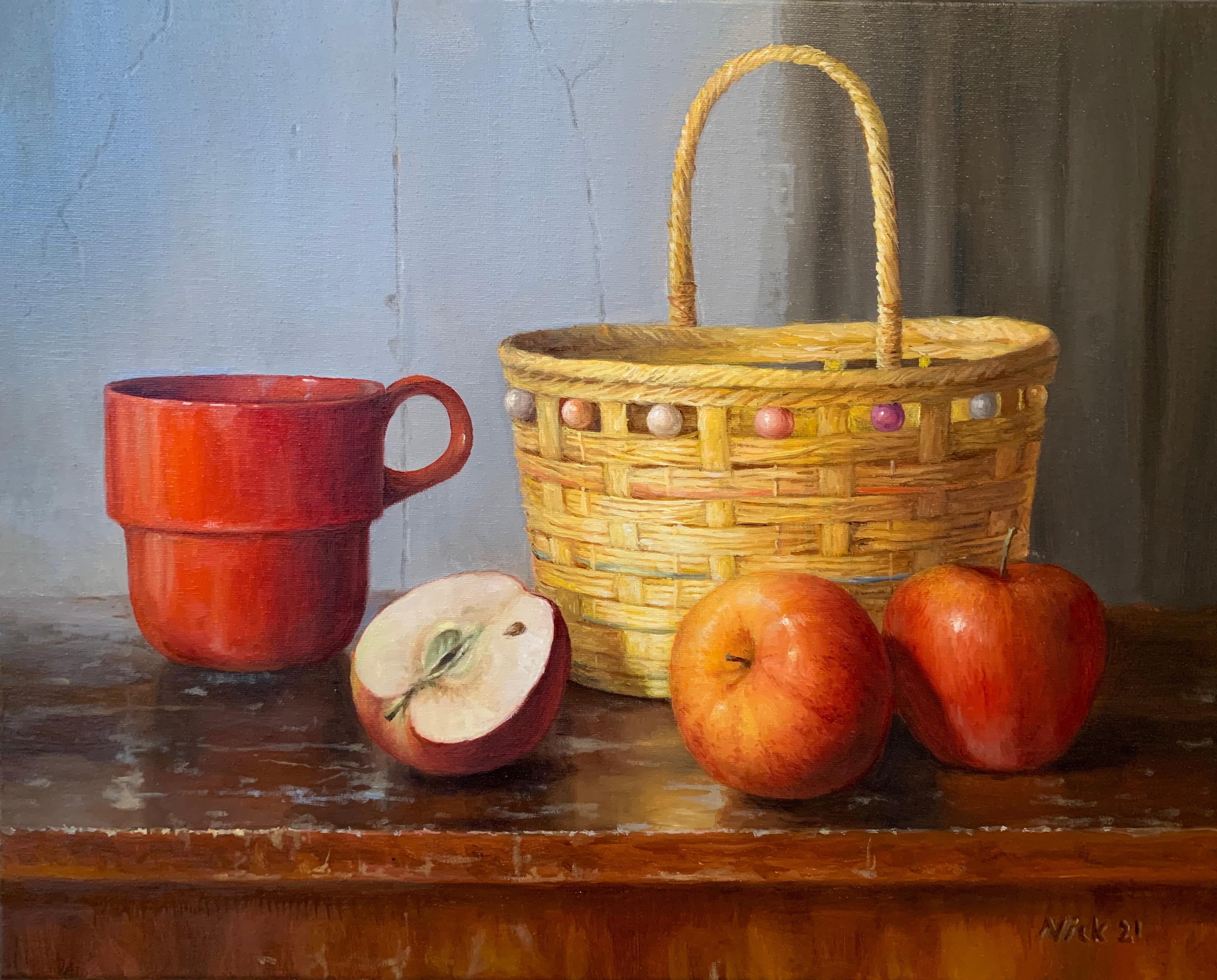Still Life with Red Mug and Apples, Oil Painting - Art by Nikolay Rizhankov