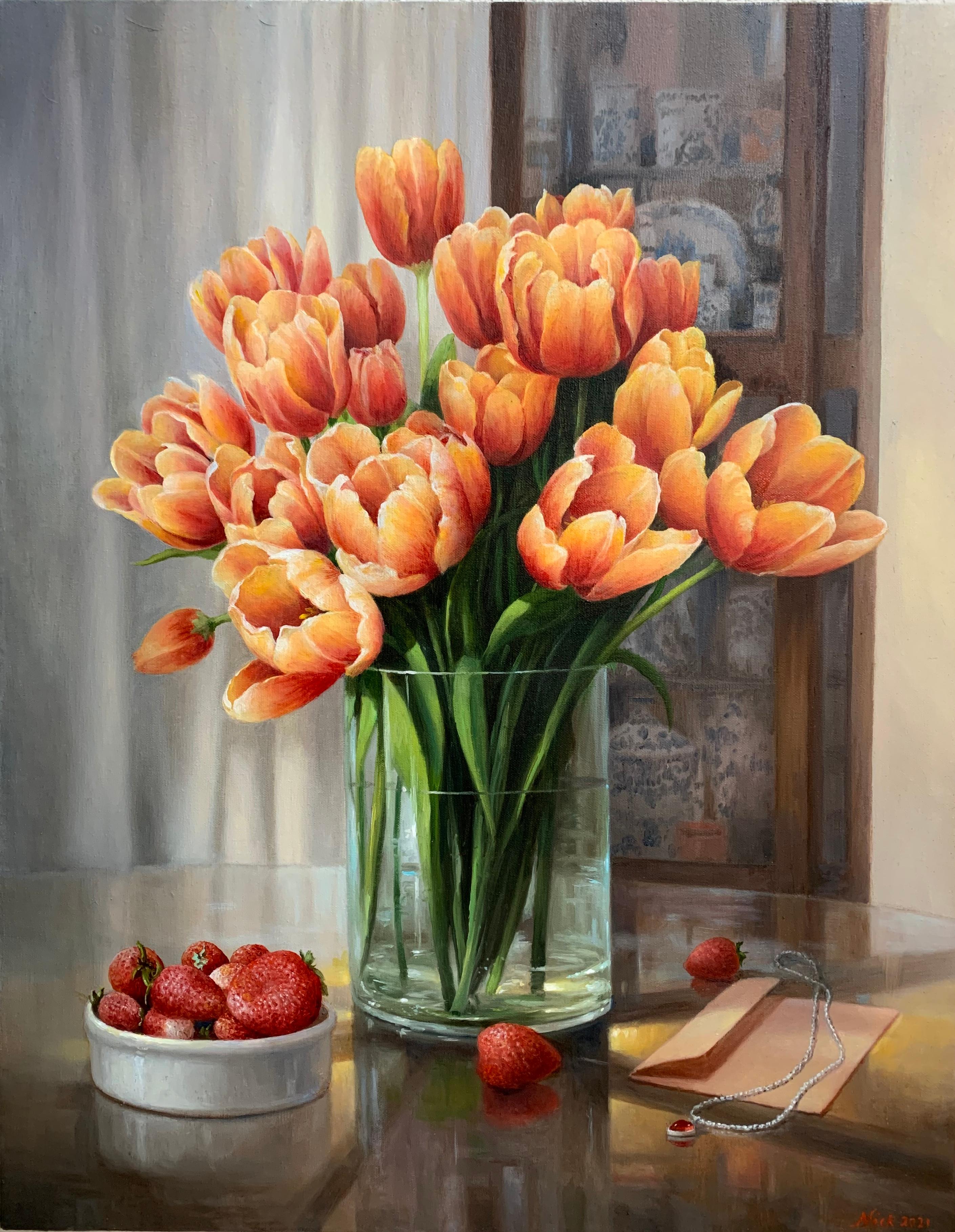 Still-Life Painting Nikolay Rizhankov - Peinture à l'huile, tulipes