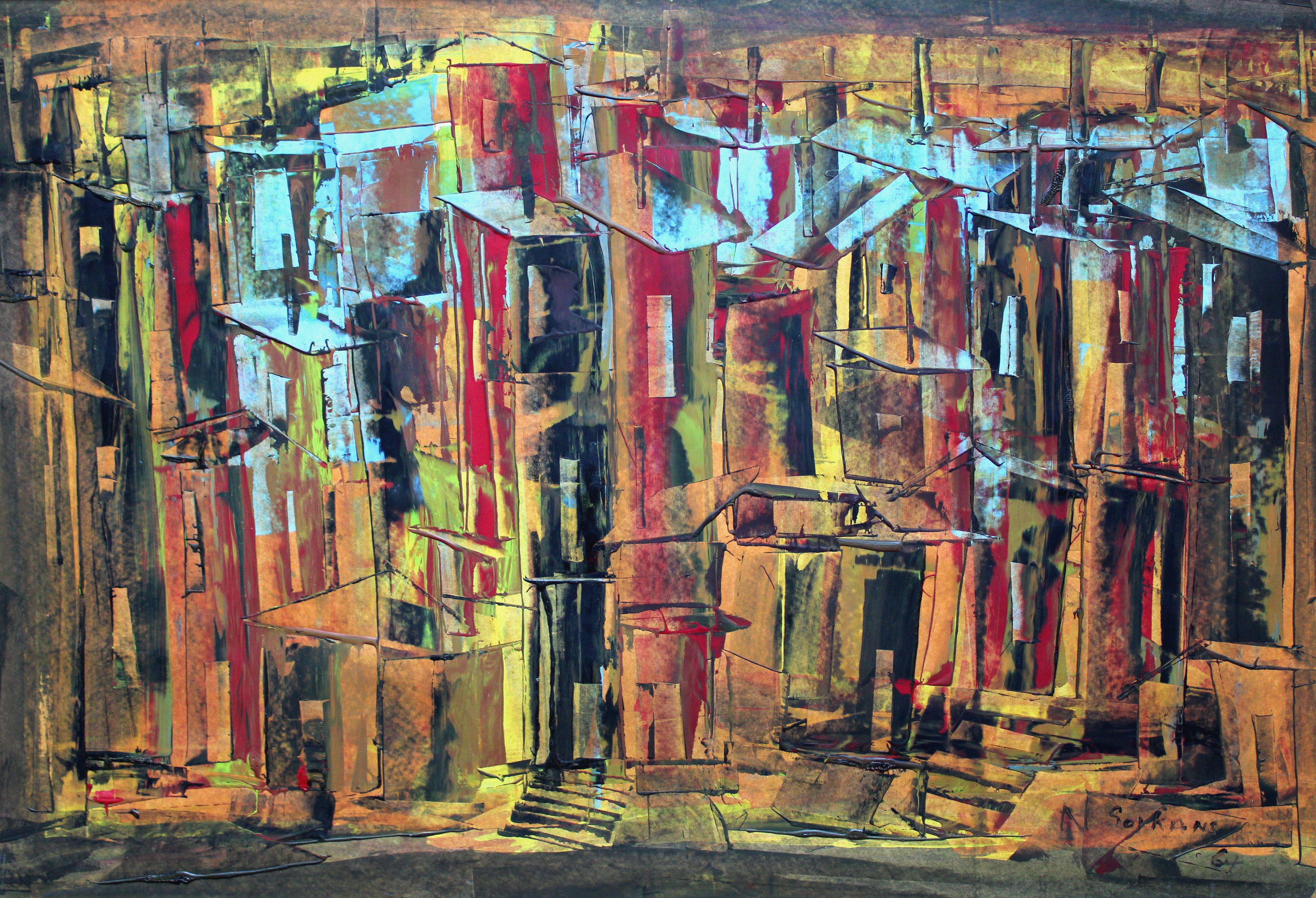 Nikolay Soikan Abstract Painting - City 9. 1964, monotype, 44.5x64.5 cm