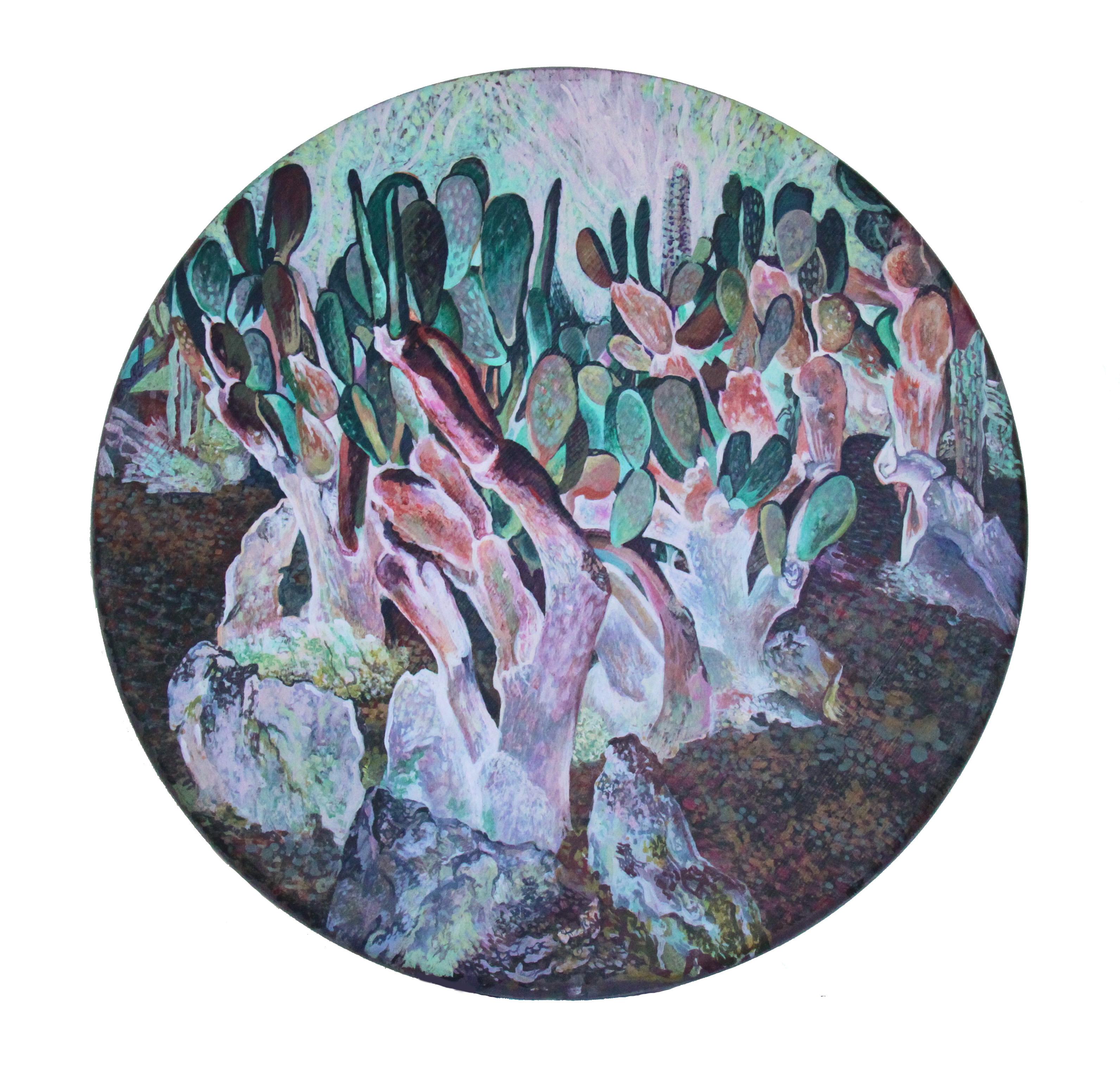 Nikolina Kovalenko Figurative Painting – Noon (Kactus) – runde Holzplatte in Lavander-, Violett-, Grün- und Rosafarbe