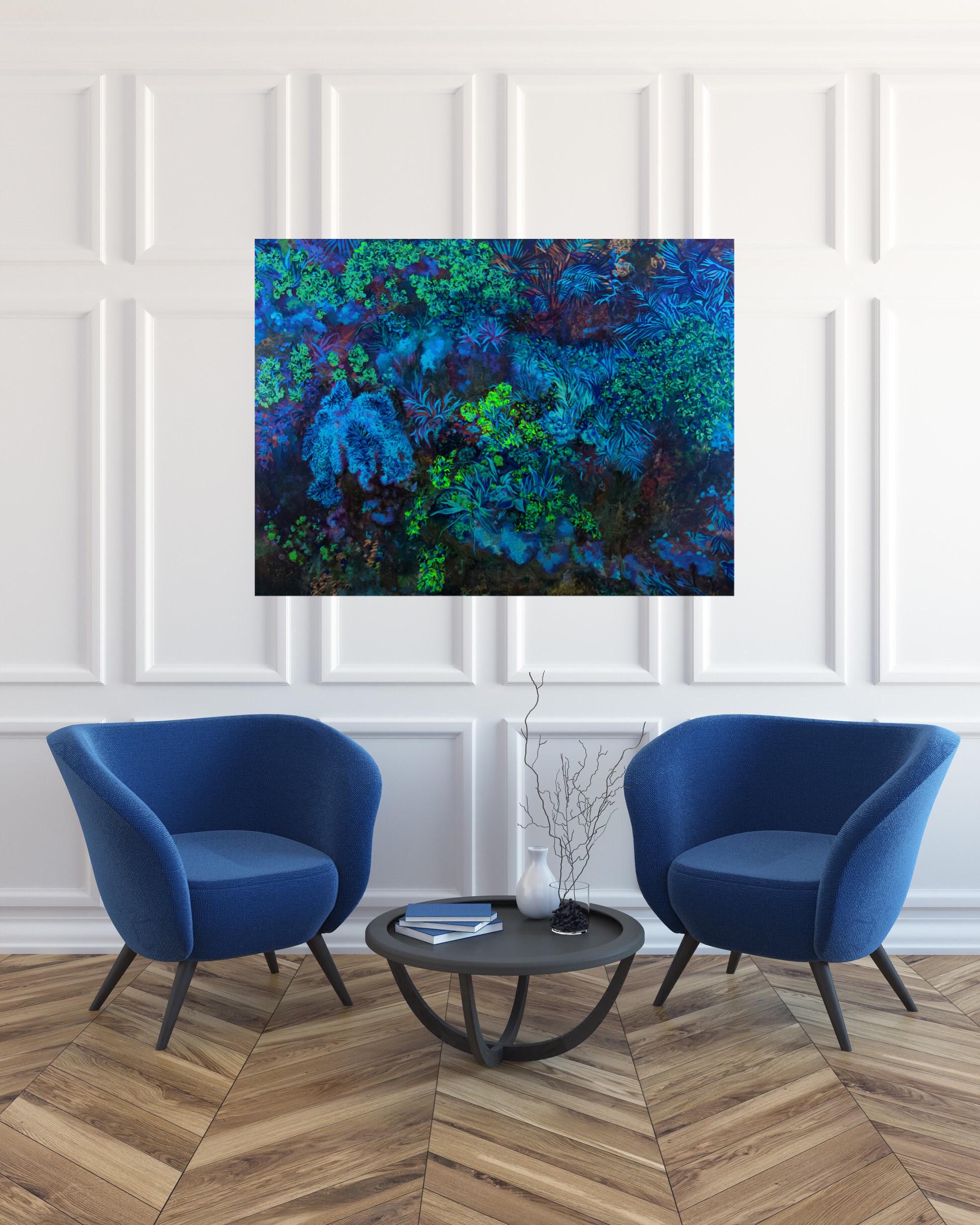 Rainfores Dusk - huile sur panneau de bois, réalisée en couleurs bleu, vert, violet - Réalisme Painting par Nikolina Kovalenko