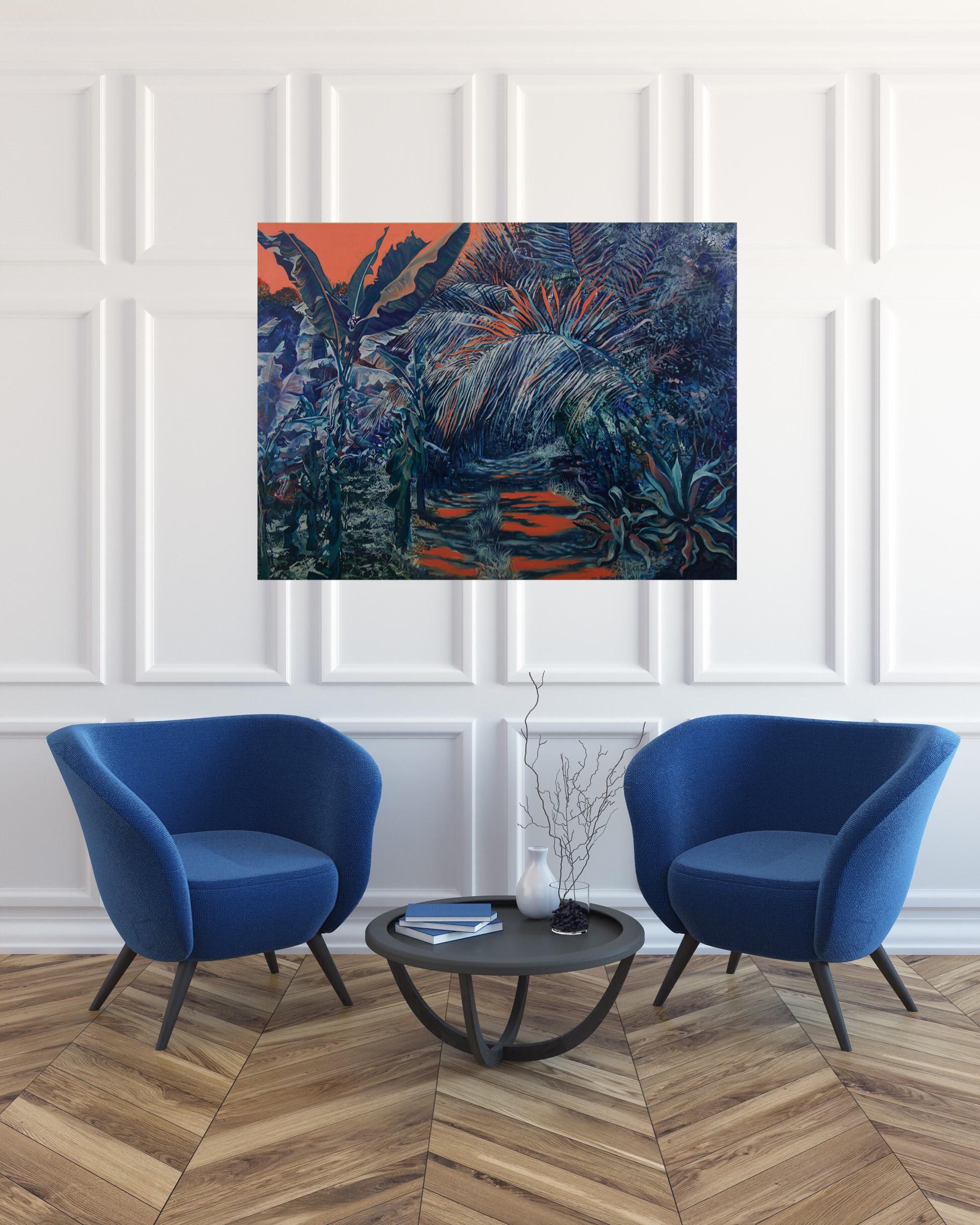 Rainforest-Sonnenuntergang-Öl auf Holzplatte, in blauen, grünen und orangefarbenen Farben – Painting von Nikolina Kovalenko
