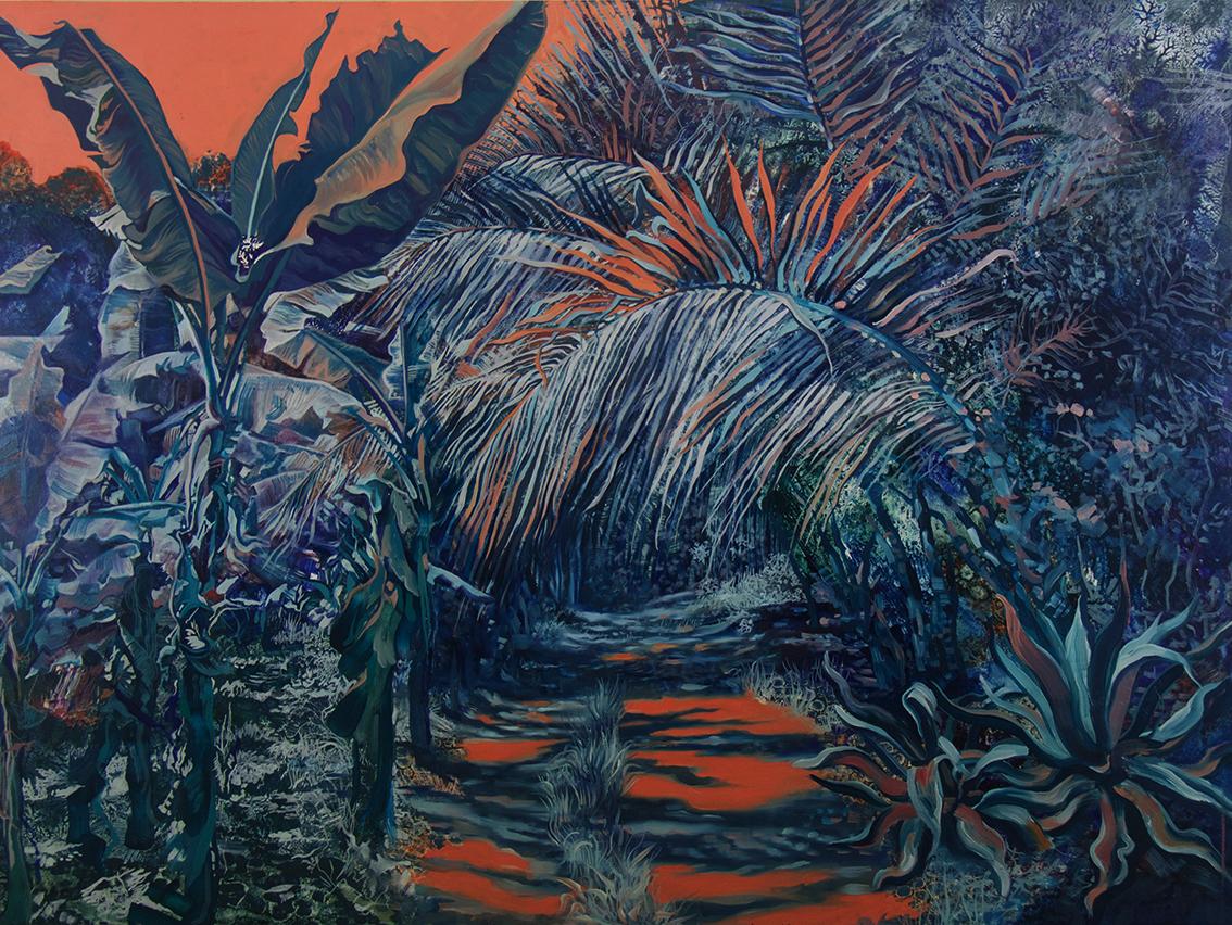 Rainforest sunset-oil on wood panel, made in blue, green, orange colors