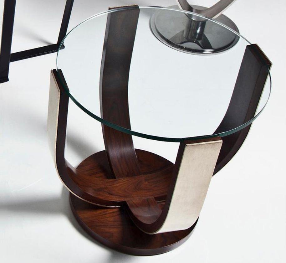 Lebanese Nikolska, Side Table in Rosewood, Hand Patinated Silver Leaf and Glass For Sale