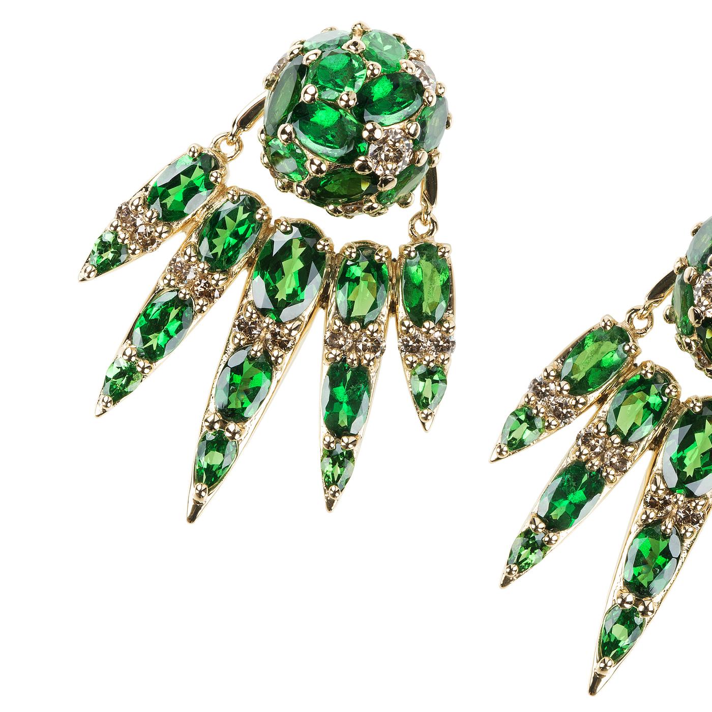 Contemporary 18 Karat Yellow Gold Tsavorite and Brown Diamonds Jacket Earrings For Sale