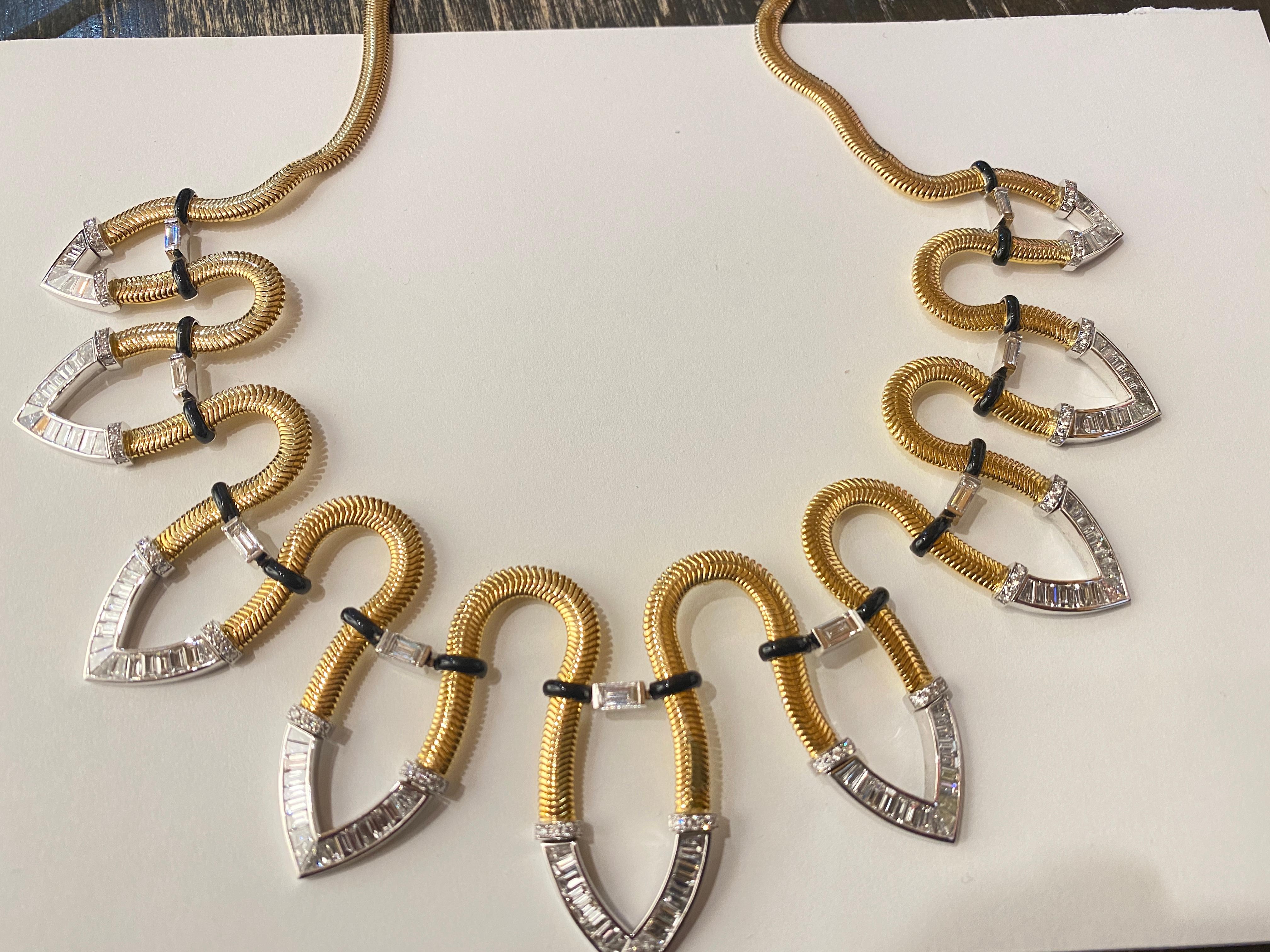Baguette Cut Nikos Koulis Feelings Riviera Necklace with White Diamonds in 18K Yellow Gold For Sale