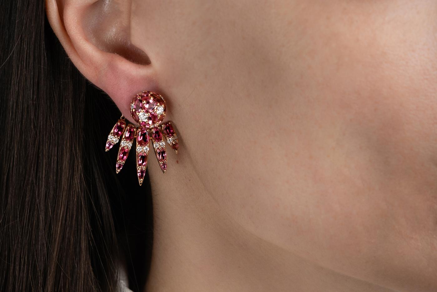 Nikos Koulis's Spectrum Collection Jacket earrings with 18 karat Rose Gold,  11.60 Pink Tourmalines and 1.27 cts White Diamonds.