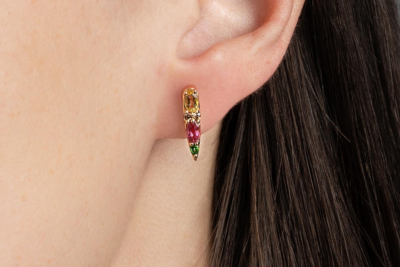 Nikos Koulis Spectrum Collection K18 Yellow Gold Stud Earrings with 0.49 cts Pink Tourmalines, 0.41 cts Yellow Beryls, 0.15 cts Tsavorites, 0.10 cts Brown Diamonds