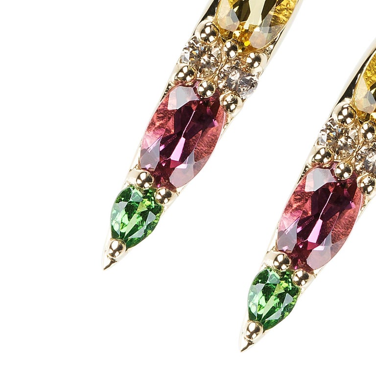 18 Karat Yellow Gold Tourmaline Tsavorite Yellow Beryl Stud Earrings