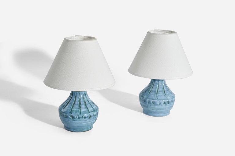 Mid-Century Modern Nila Keramik, Table Lamps, Blue-Glazed Stoneware, Alingsås, Sweden, 1960s For Sale