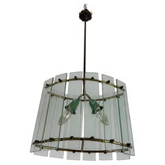 Lampadario in vetro di Murano verde Nilo e ottone in stile Fontana Arte, anni '50
