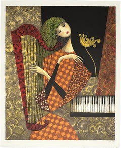 Vintage Nile Jade Harp 1998 Signed Lithograph on Arches Paper Mourlot Paris