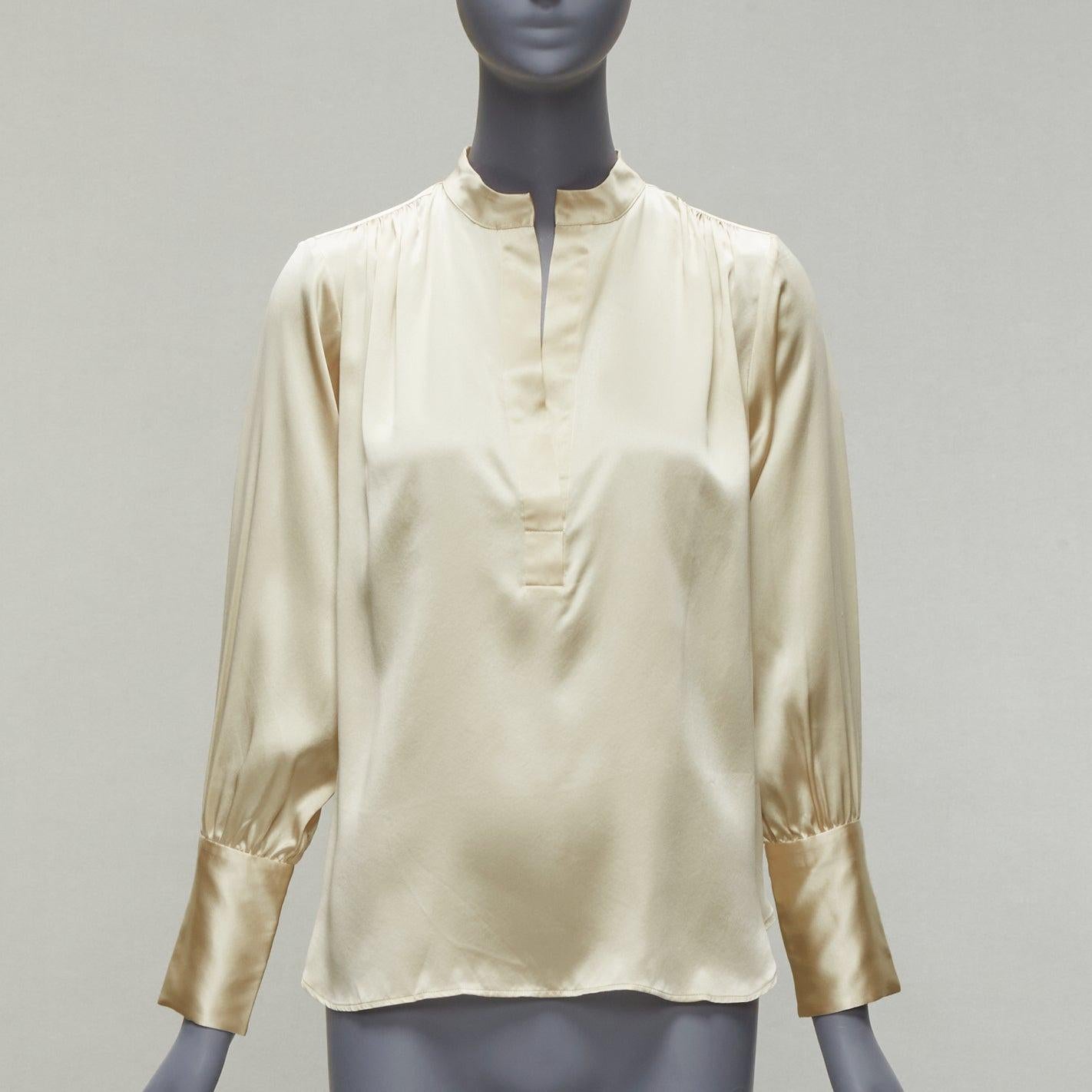 Beige NILI LOTAN 100% silk champagne pleated shoulder seam V neck popover blouse XS For Sale