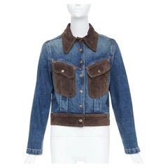 NILI LOTAN Brooklyn Simon Wash Jeansjacke im Western-Trucker-Stil mit Wildledereinsätzen, Größe S