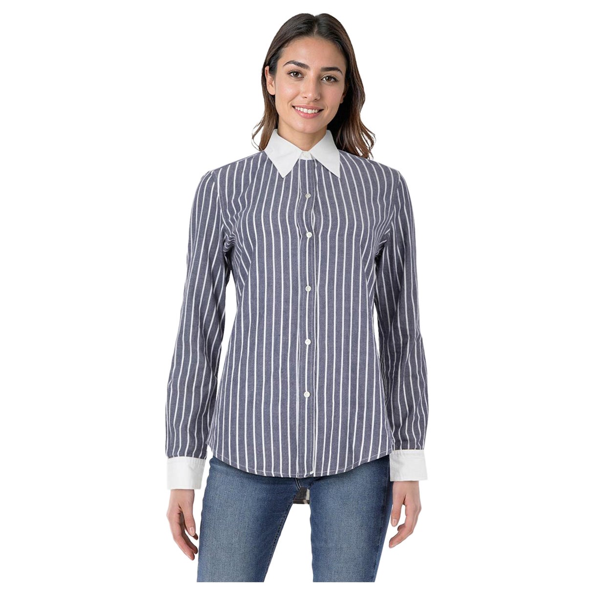 Nili Lotan Camisa de Manga Larga a Rayas Azul Marino y Blanco Talla XS