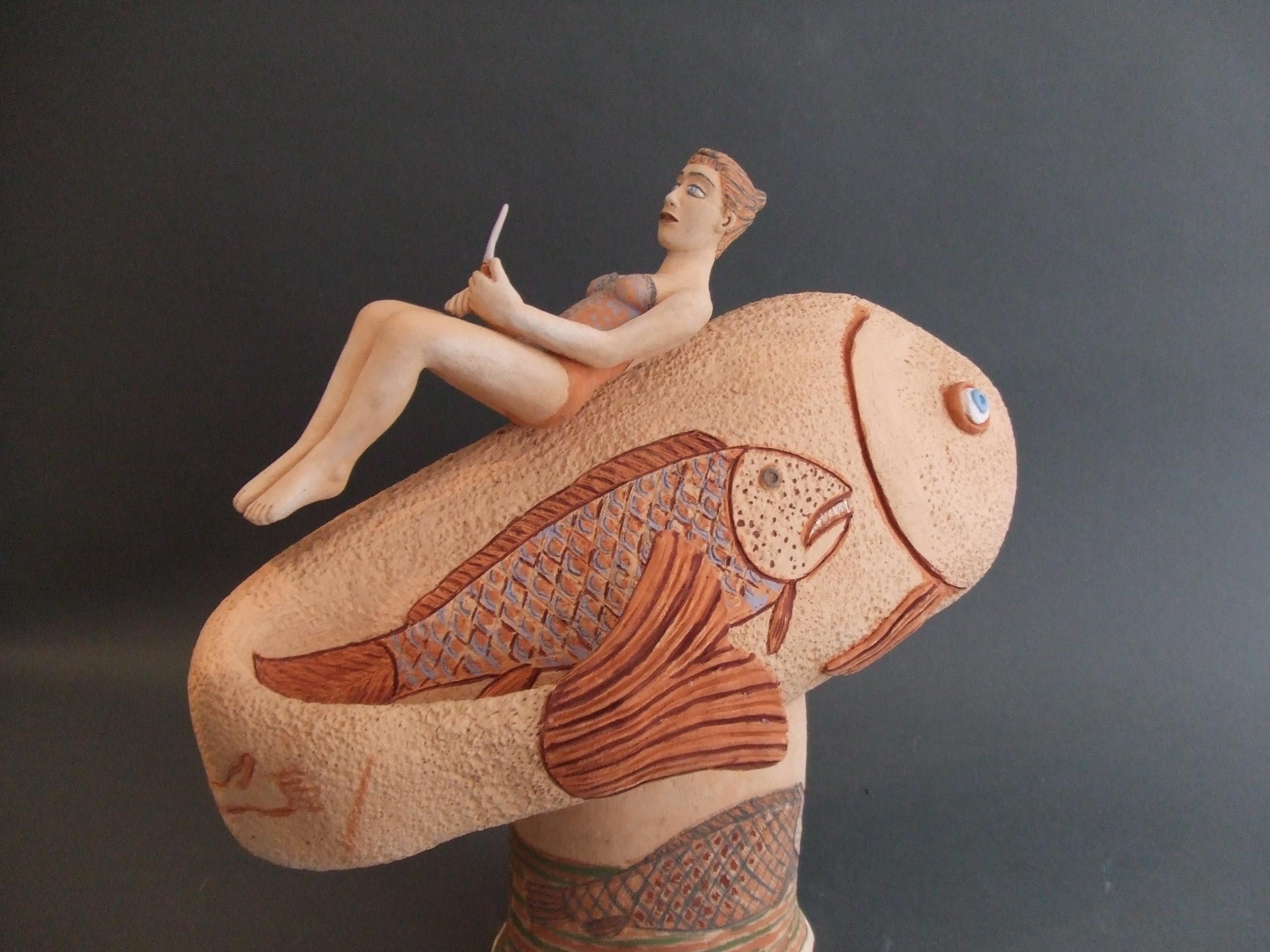 Big fish Nili Pincas Contemporary art sculpture terracotta pastel naive Jonas For Sale 1