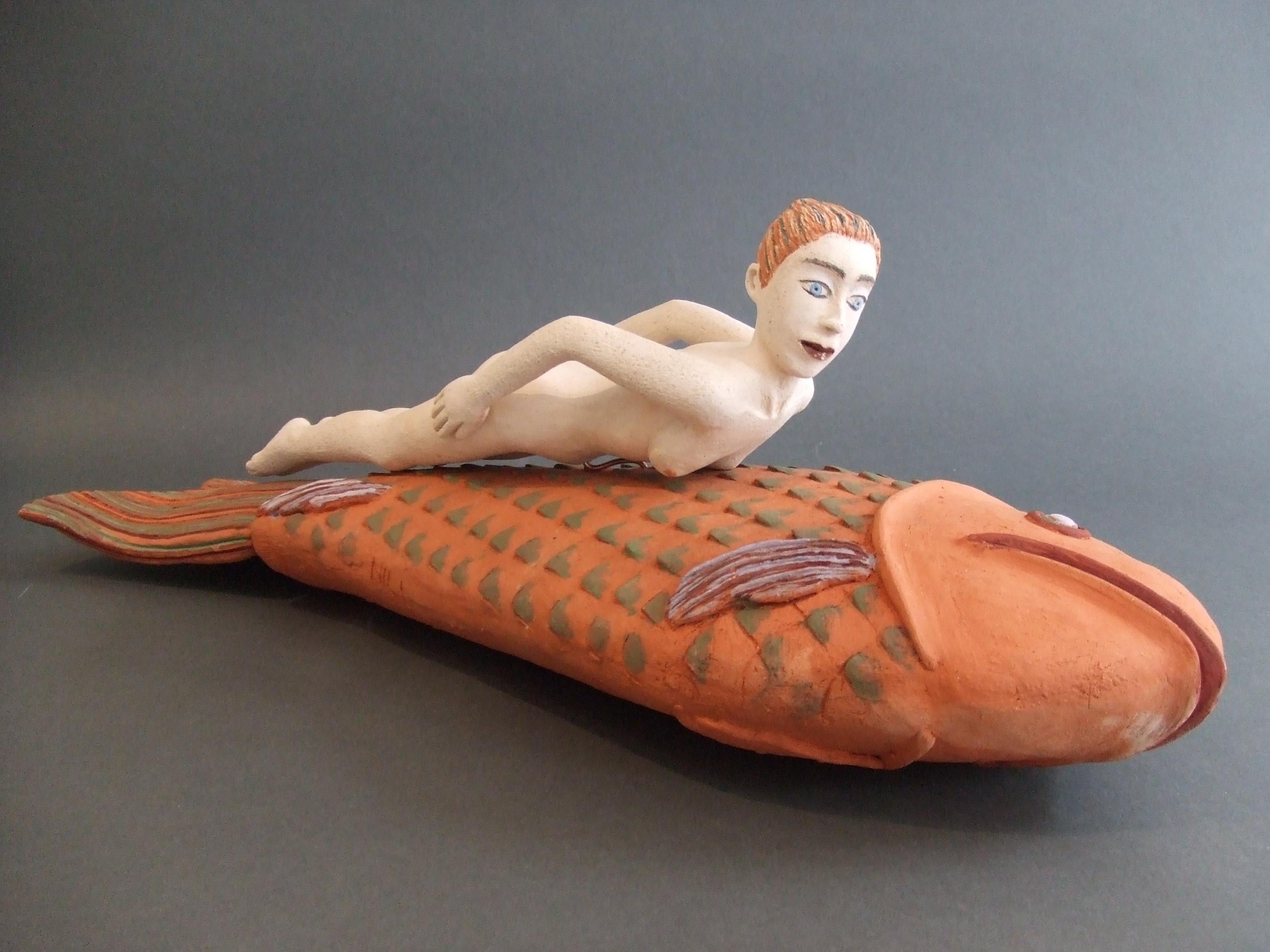 Fish, green scale Nili Pincas Contemporary art sculpture terracotta pastel woman For Sale 3