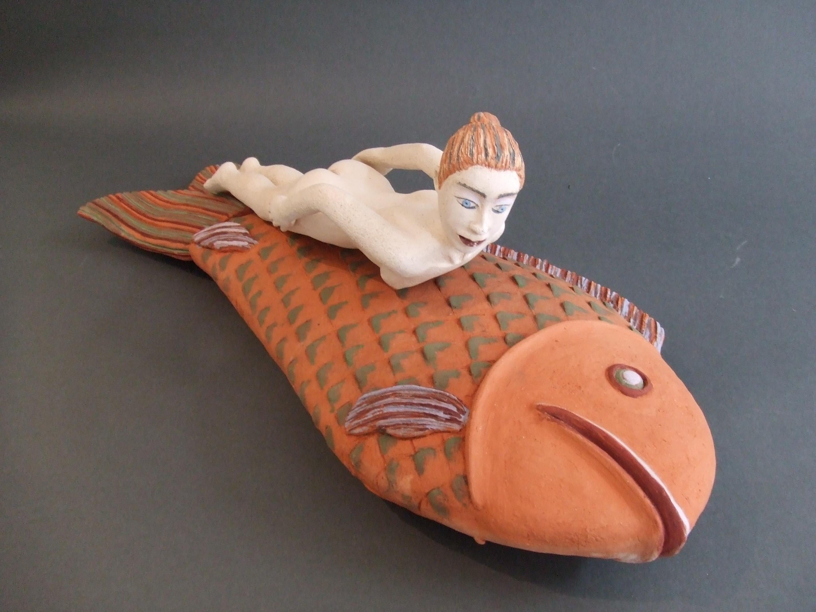 Fish, green scale Nili Pincas Contemporary art sculpture terracotta pastel woman For Sale 4