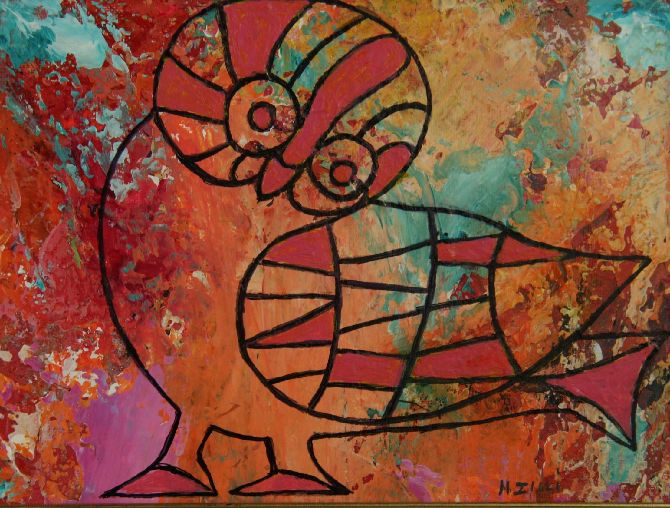 Vintage bunte Vogel abstrakte Ölgemälde (Braun), Abstract Painting, von N.Illi