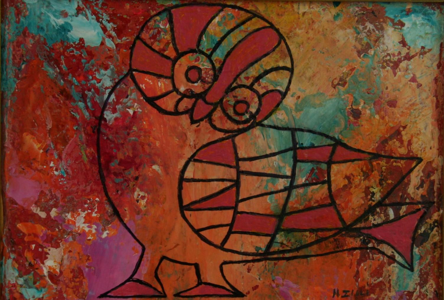 N.Illi Abstract Painting – Vintage bunte Vogel abstrakte Ölgemälde