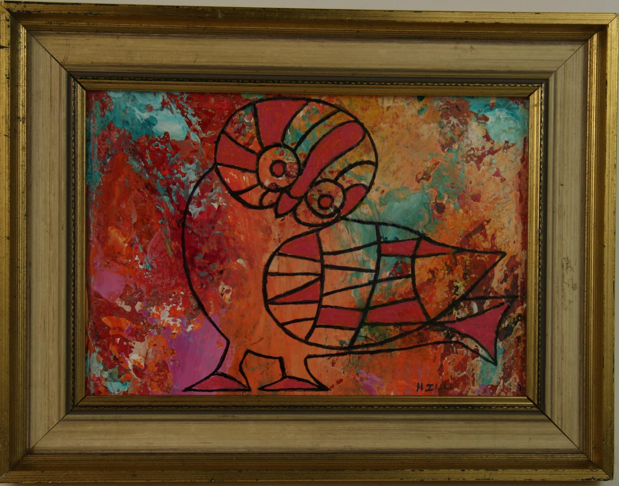 Animal Painting N.Illi - Peinture à l'huile abstraite vintage - Oiseau coloré 