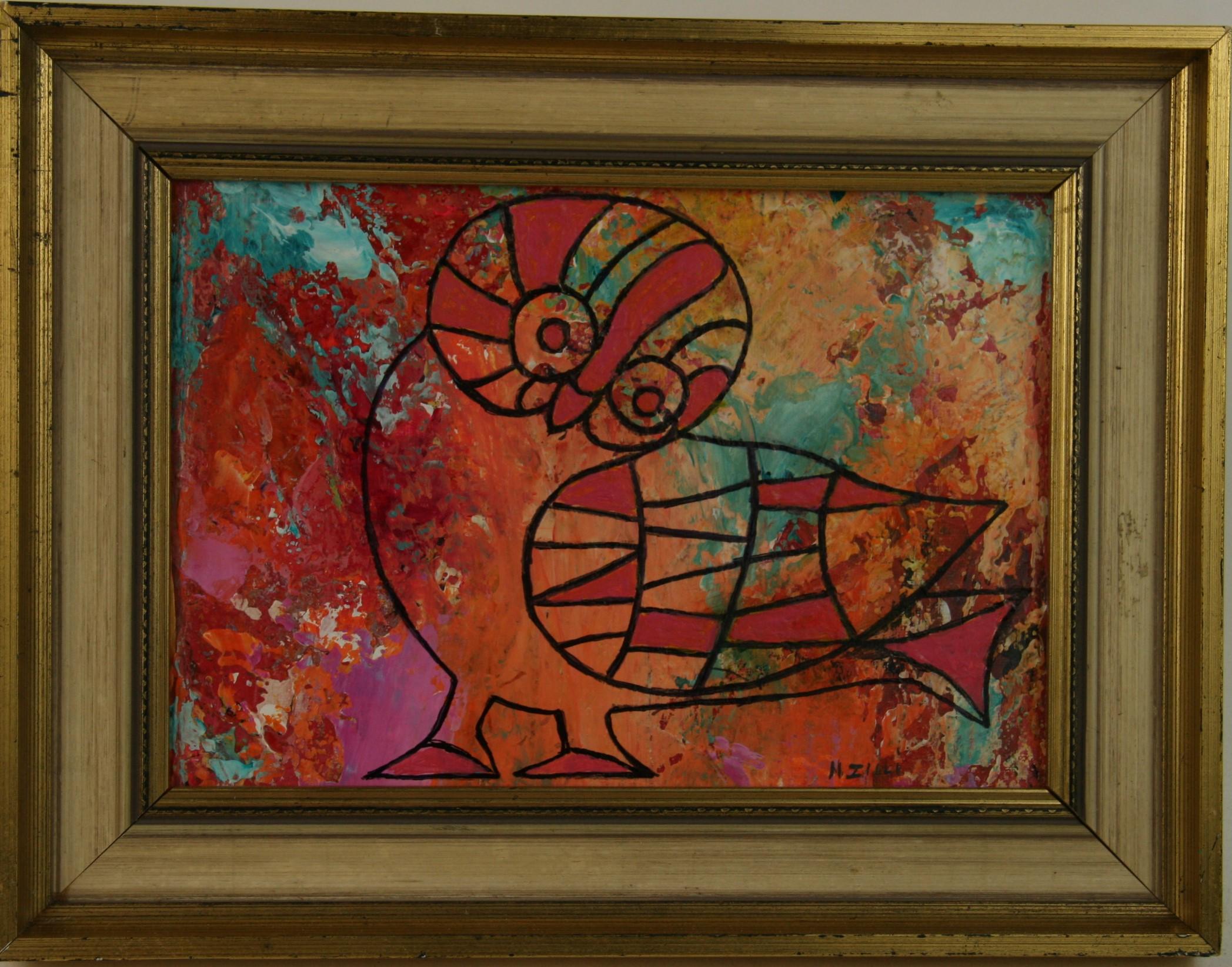 Vintage bunte Vogel abstrakte Ölgemälde – Painting von N.Illi