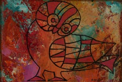 Vintage Uccello colorato Pittura ad olio astratta