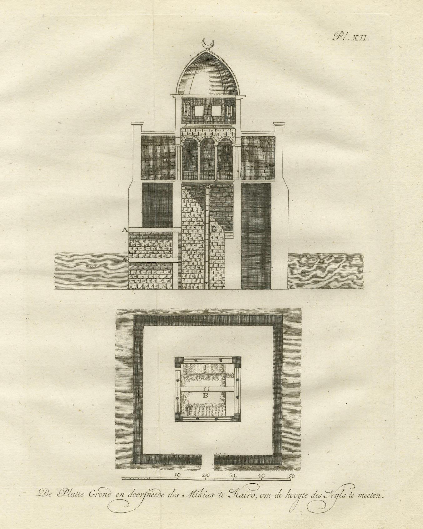 Papier Nilomètre au Caire - Section et plan pour mesurer les crues du Nil, Egypte 1776 en vente