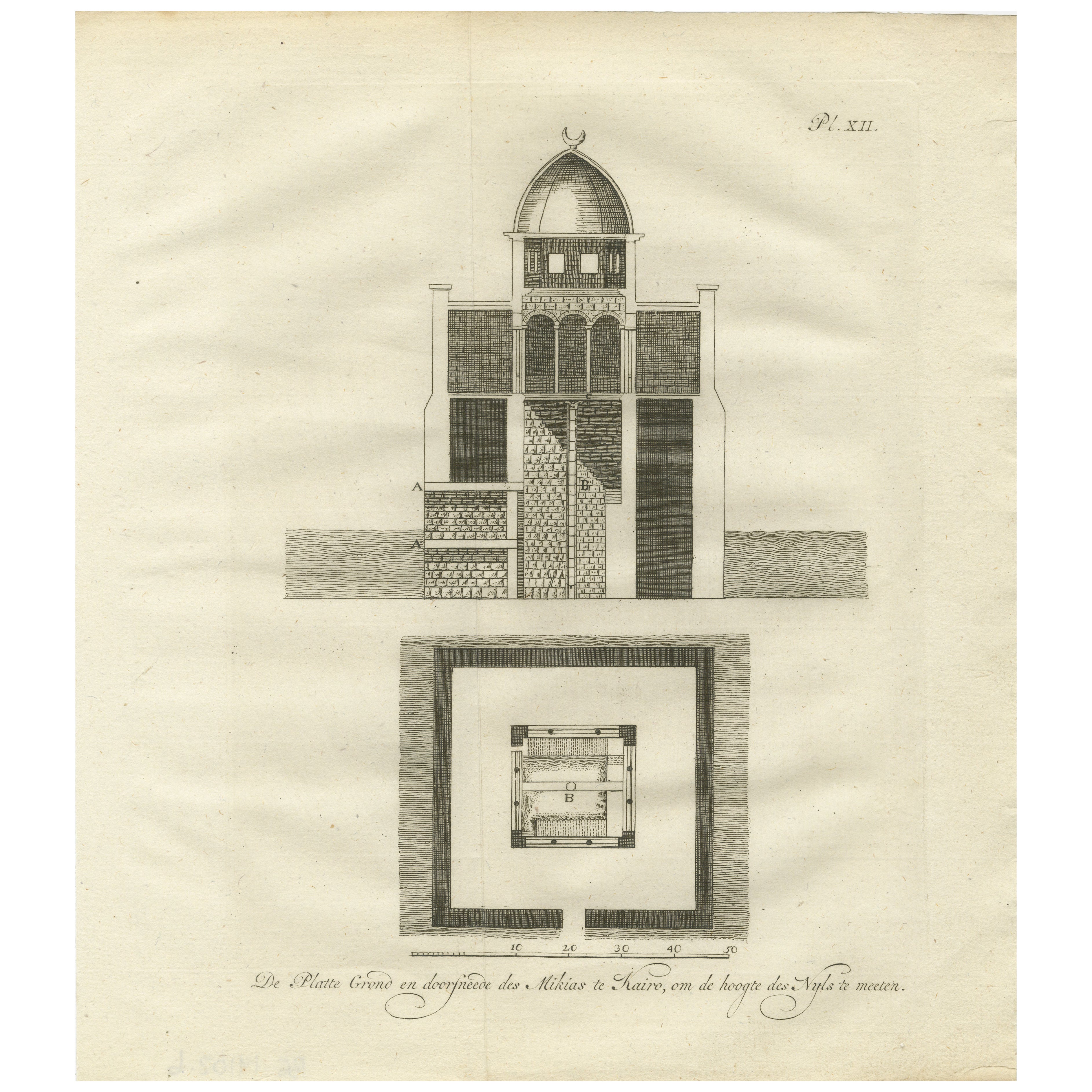 Nilómetro en El Cairo - Sección y plano para medir las crecidas del Nilo, Egipto 1776