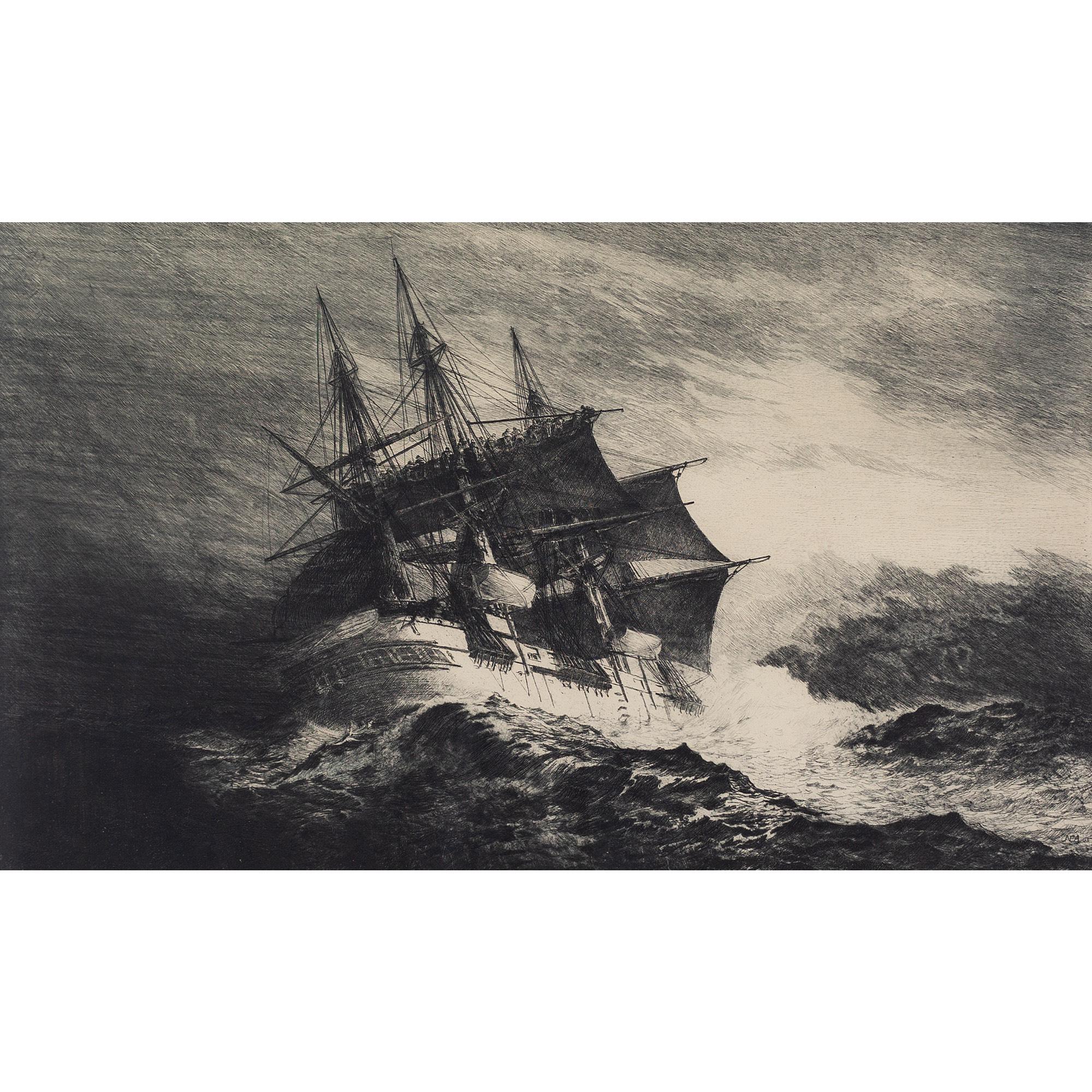 A large early 20th-century etching of a frigate in stormy waters battered by the elements. It’s a fine piece, which is full of drama, energy and atmosphere.

Housed in a good contemporary frame and glazed.

Established in 2017, Brave Fine Art is a