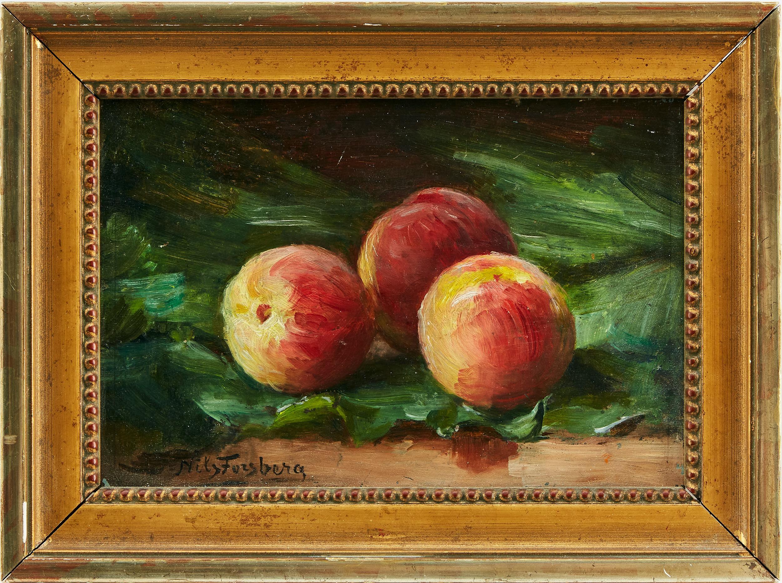 A colorful and lovely small still life in the impressionist style with three peaches on a bed of green leaves signed by Nils Forsberg I (1842-1934). Probably painted around 1880-90. 

Nils Forsberg was born in a poor home outside a small village. 