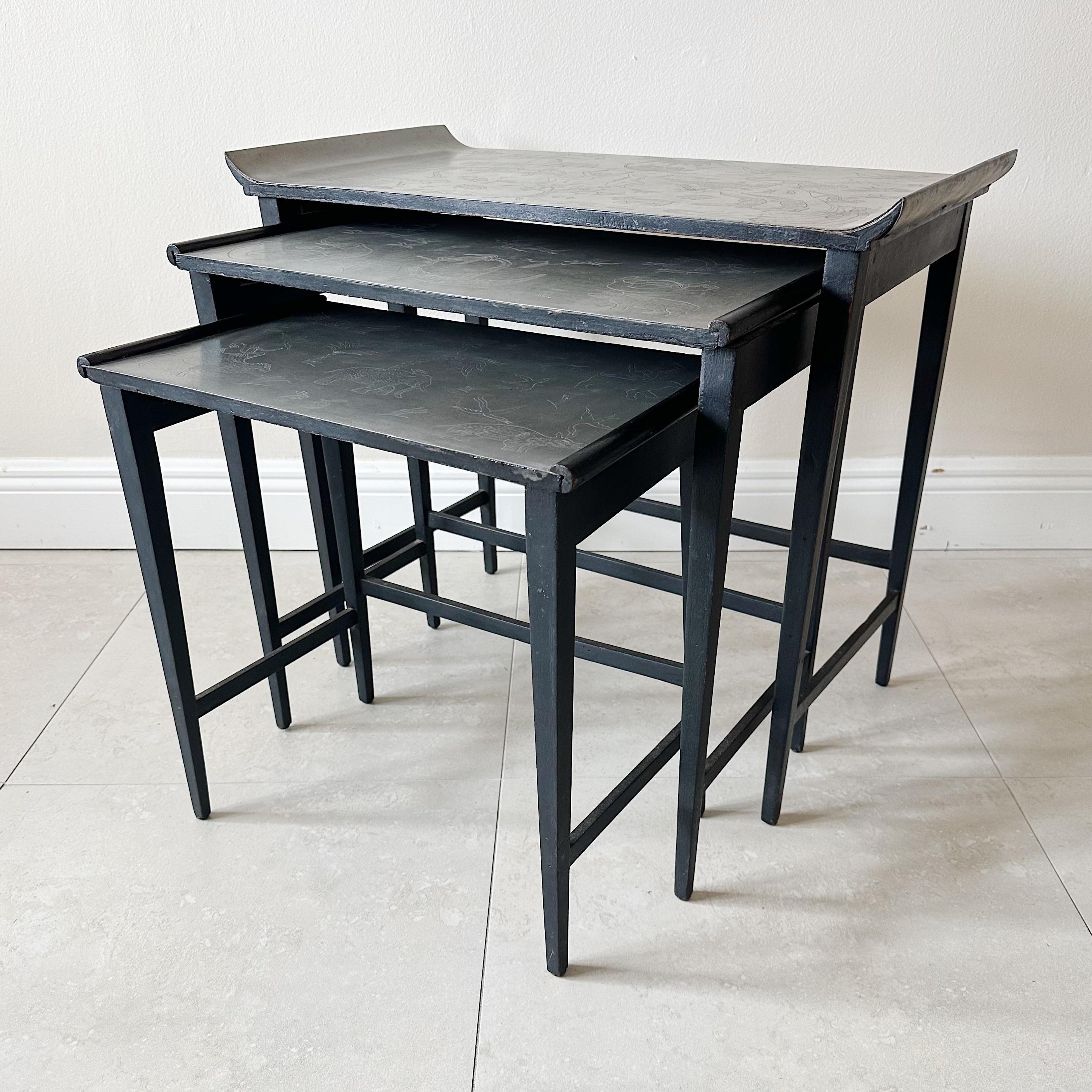 Stained Nils Fougstedt and Björn Trägårdh ‘Noah’s Ark’ Set of Three Nesting Tables For Sale