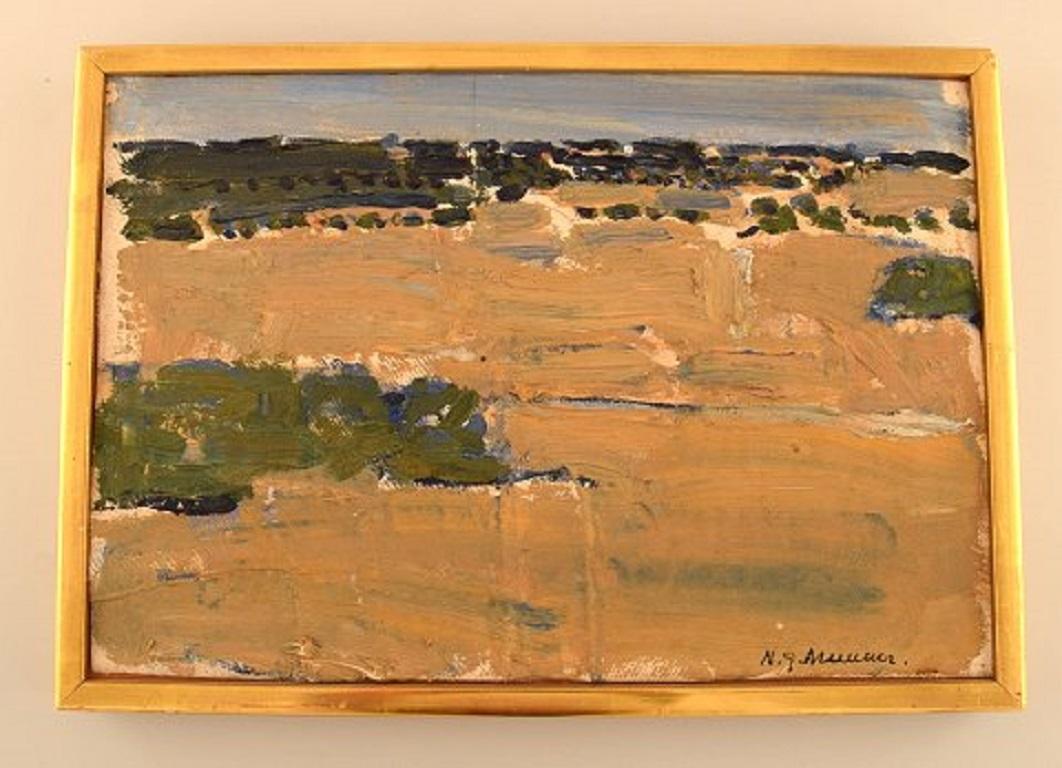 Nils-Göran Brunner (1923-1986). Swedish painter. Oil on board. Modernist landscape, 1950s-1960s.
Signed.
In very good condition.
Measures: 32.5 x 22 cm.
The frame measures: 1 cm.
 