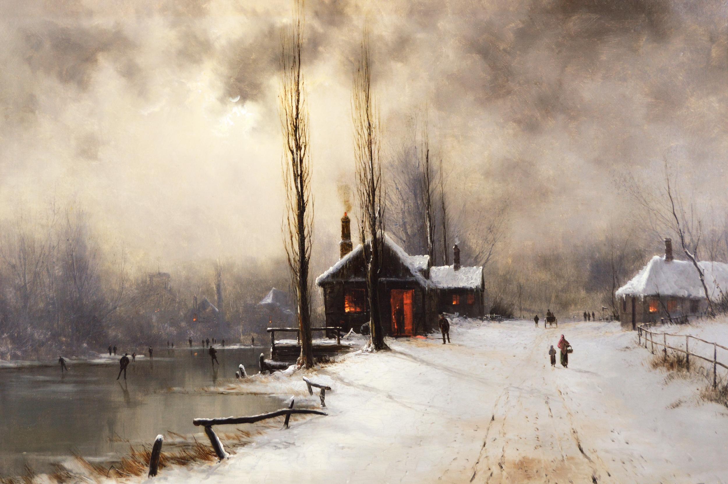19th Century winter landscape oil painting of figures skating  - Painting by Nils Hans Christiansen