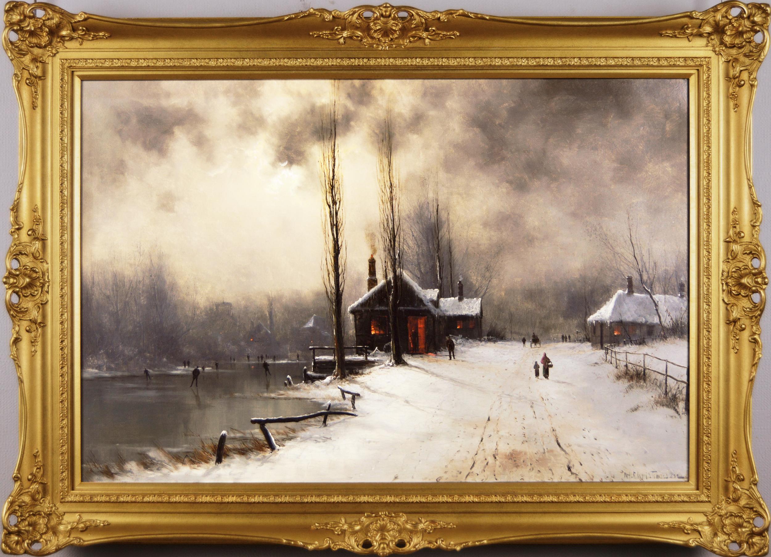 Nils Hans Christiansen Landscape Painting - 19th Century winter landscape oil painting of figures skating 